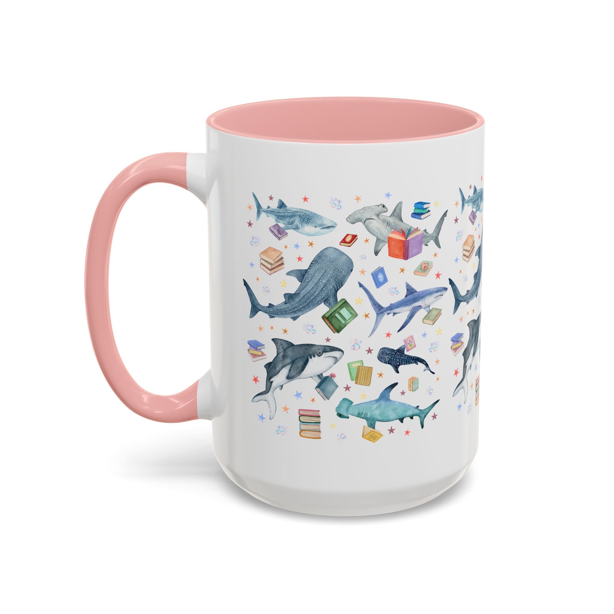 Bookish Shark Coffee Mug for School Librarian or Reading Teacher: Silly Ocean Animal Lover Mug with Stars and Bubbles, Reading Month Gift - Opal and June