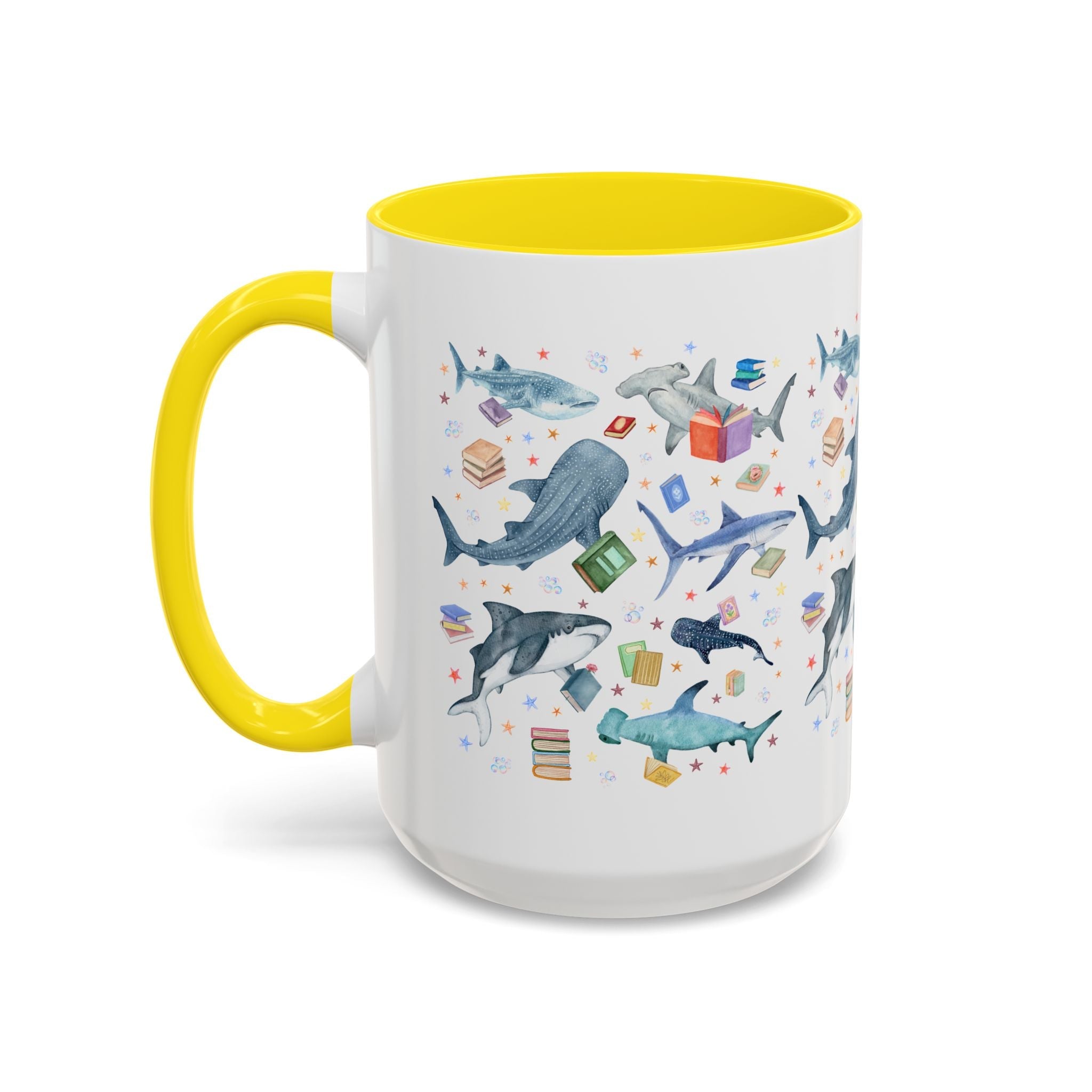 Bookish Shark Coffee Mug for School Librarian or Reading Teacher: Silly Ocean Animal Lover Mug with Stars and Bubbles, Reading Month Gift - Opal and June
