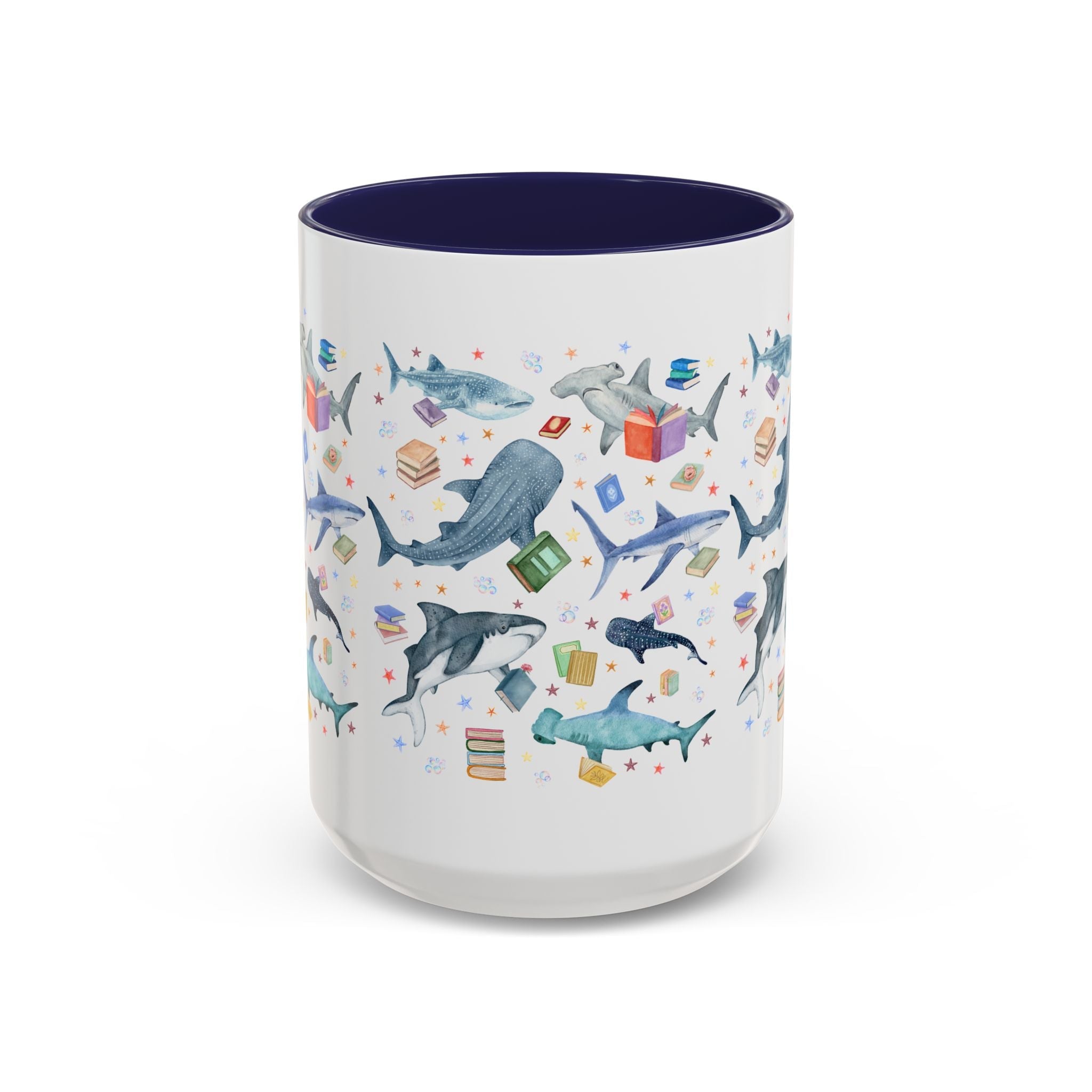 Bookish Shark Coffee Mug for School Librarian or Reading Teacher: Silly Ocean Animal Lover Mug with Stars and Bubbles, Reading Month Gift - Opal and June