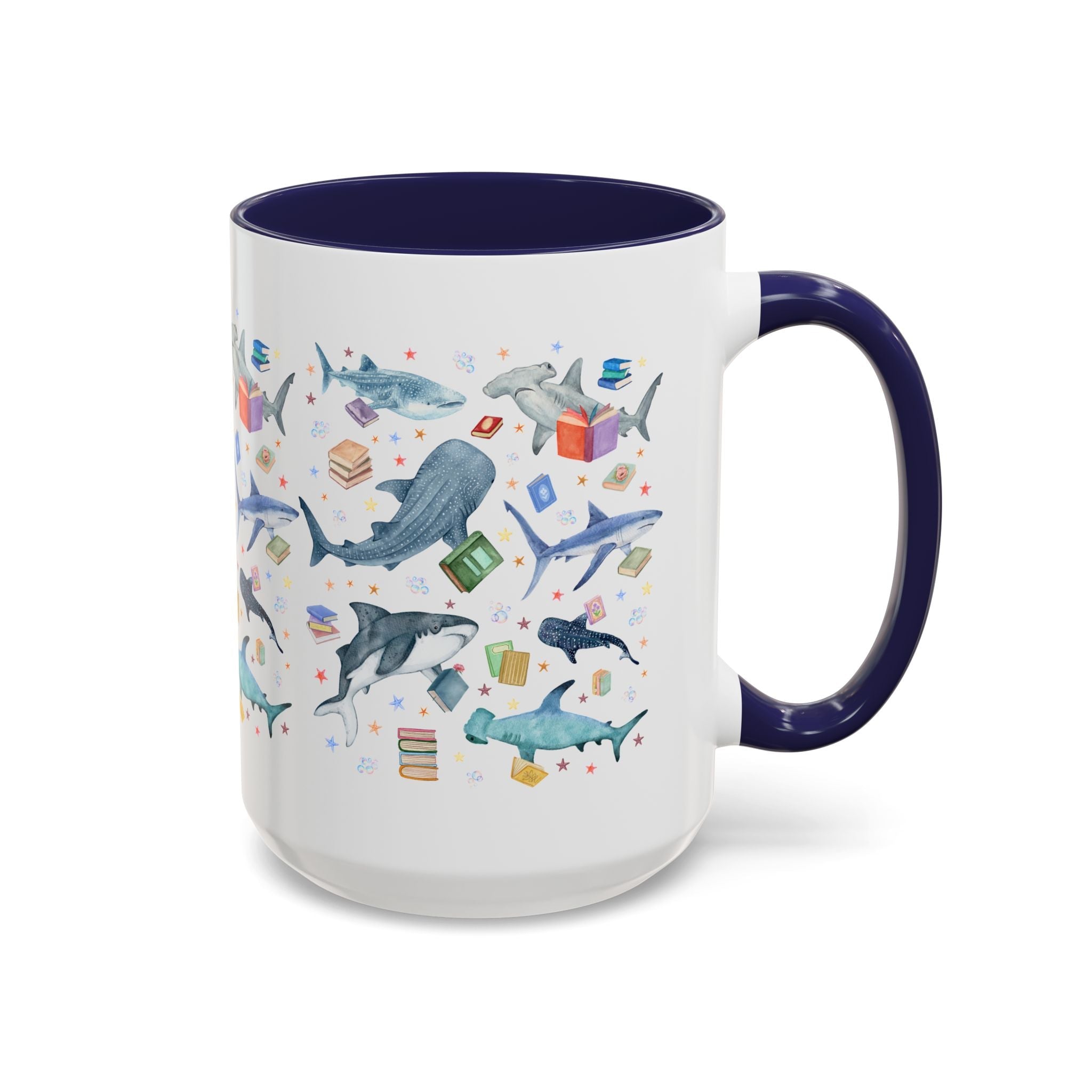 Bookish Shark Coffee Mug for School Librarian or Reading Teacher: Silly Ocean Animal Lover Mug with Stars and Bubbles, Reading Month Gift - Opal and June