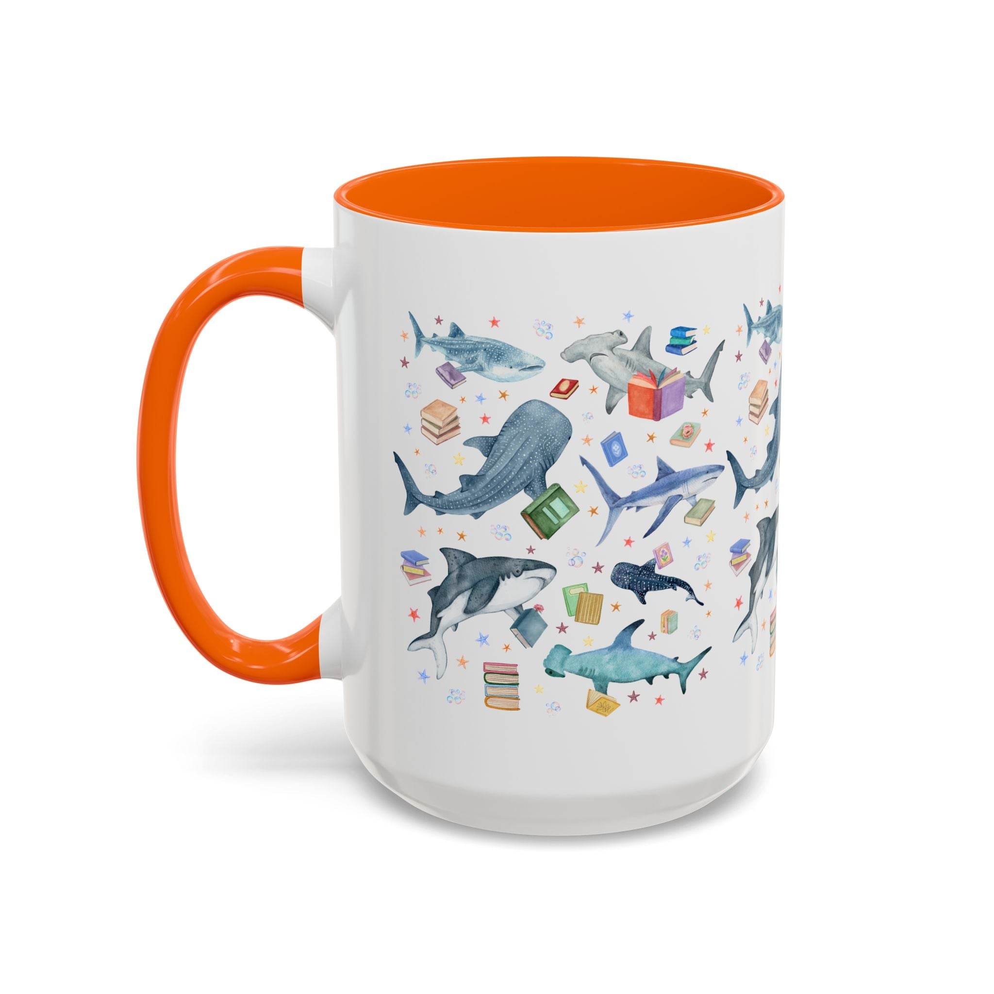 Bookish Shark Coffee Mug for School Librarian or Reading Teacher: Silly Ocean Animal Lover Mug with Stars and Bubbles, Reading Month Gift - Opal and June