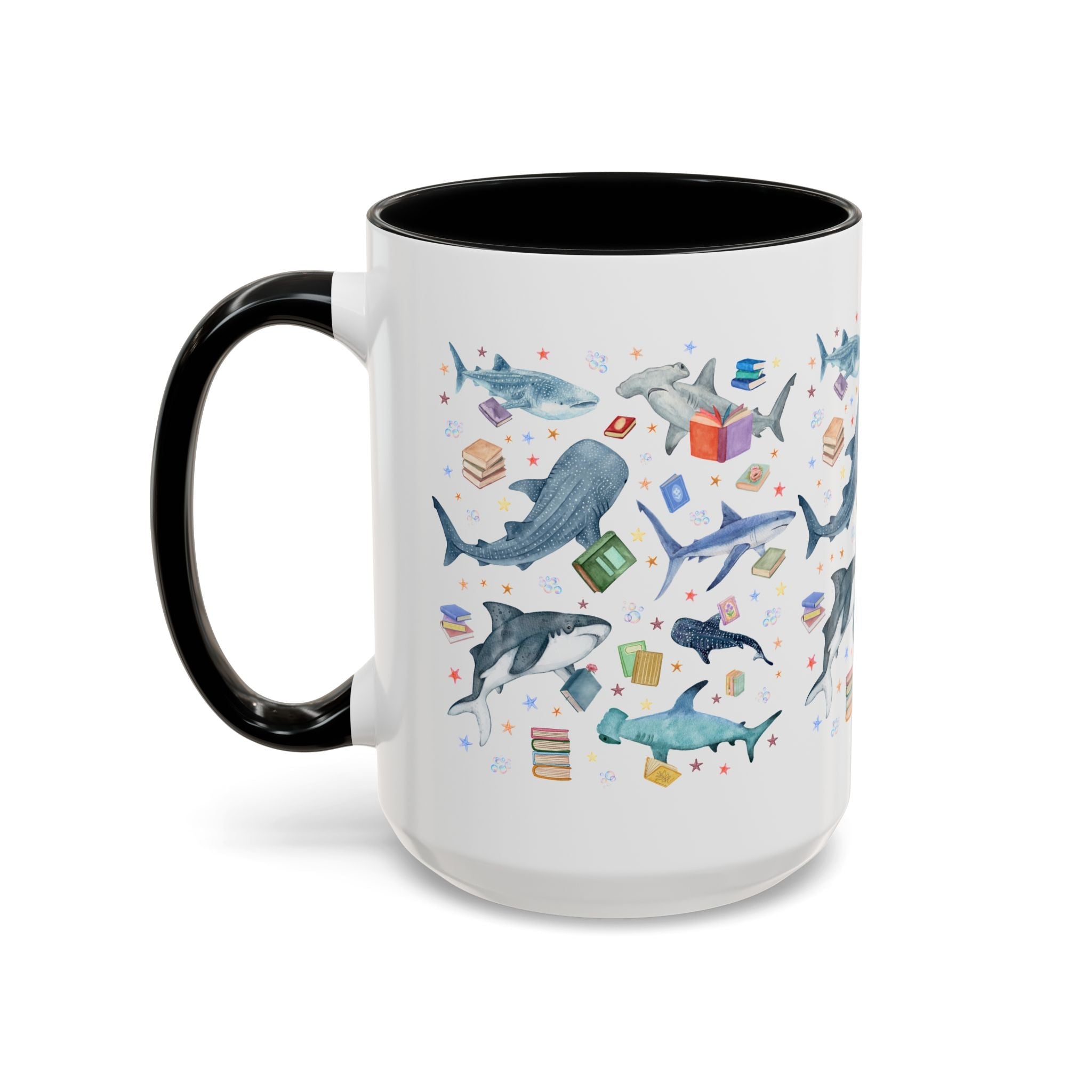 Bookish Shark Coffee Mug for School Librarian or Reading Teacher: Silly Ocean Animal Lover Mug with Stars and Bubbles, Reading Month Gift - Opal and June