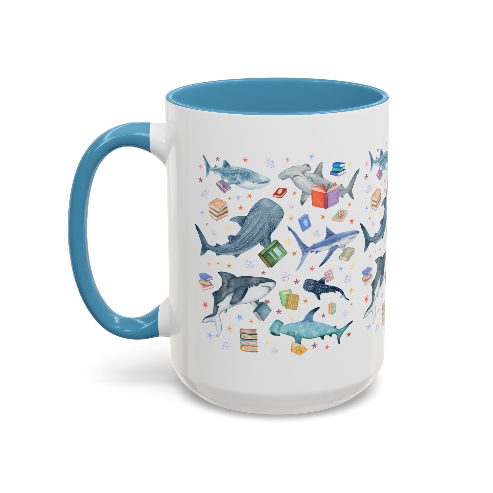 Bookish Shark Coffee Mug for School Librarian or Reading Teacher: Silly Ocean Animal Lover Mug with Stars and Bubbles, Reading Month Gift - Opal and June