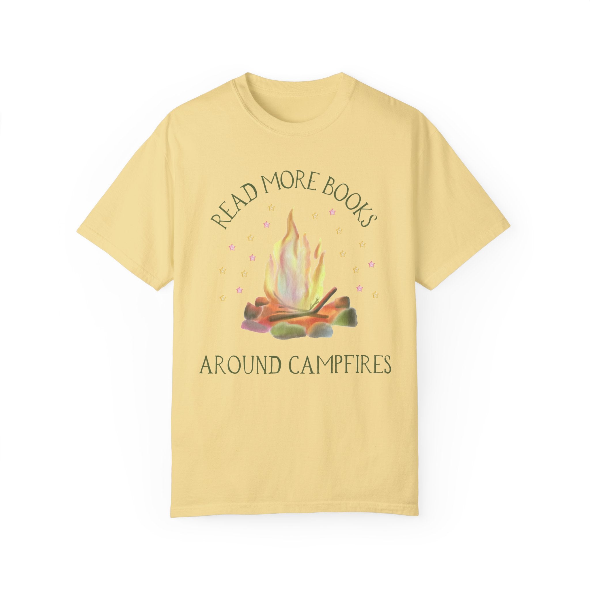 Bookish Tee Shirt for Campers Who Love to Read: Read More Books Around Campfires | Cute and Colorful T-Shirt with Stars, Boho Style - Opal and June