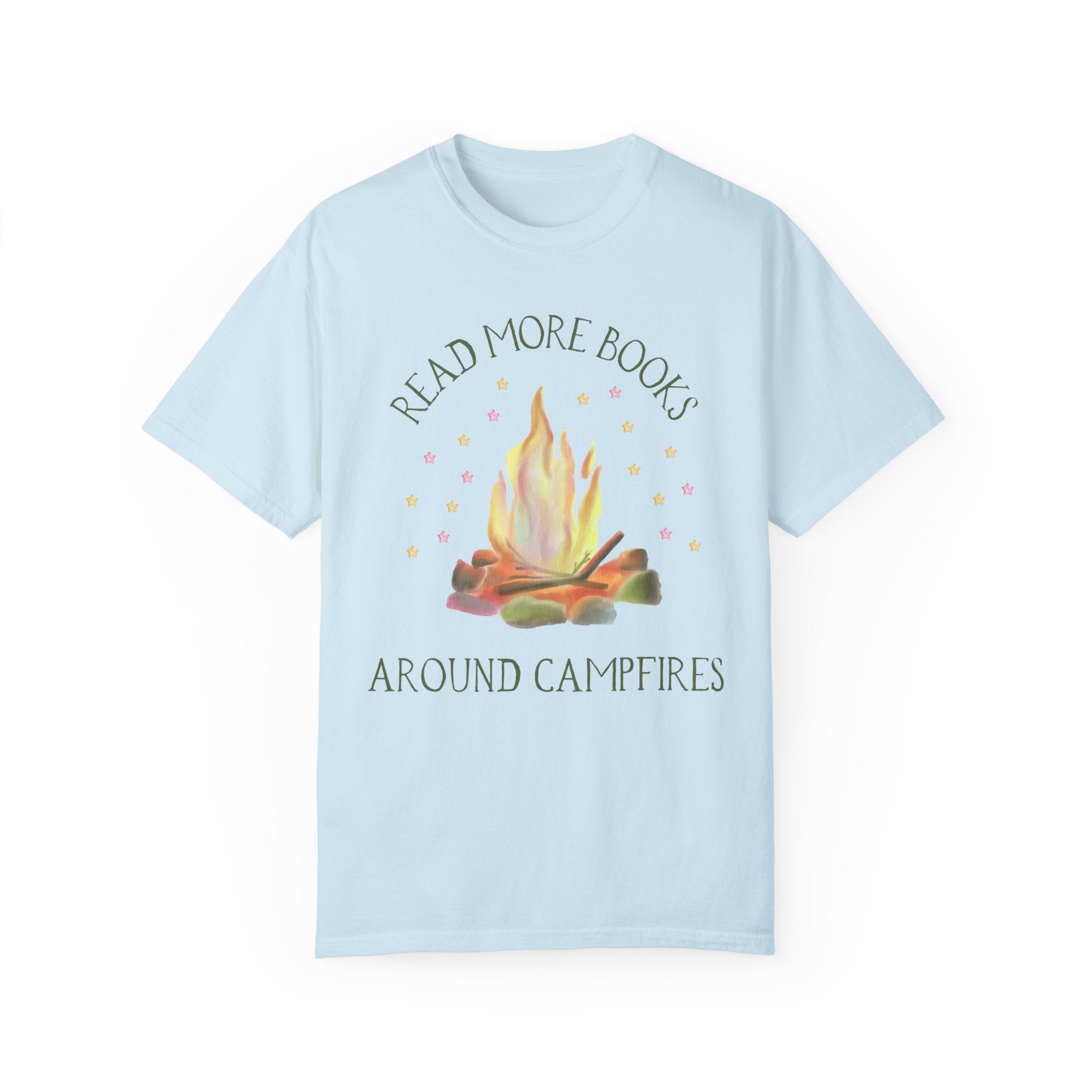 Bookish Tee Shirt for Campers Who Love to Read: Read More Books Around Campfires | Cute and Colorful T-Shirt with Stars, Boho Style - Opal and June