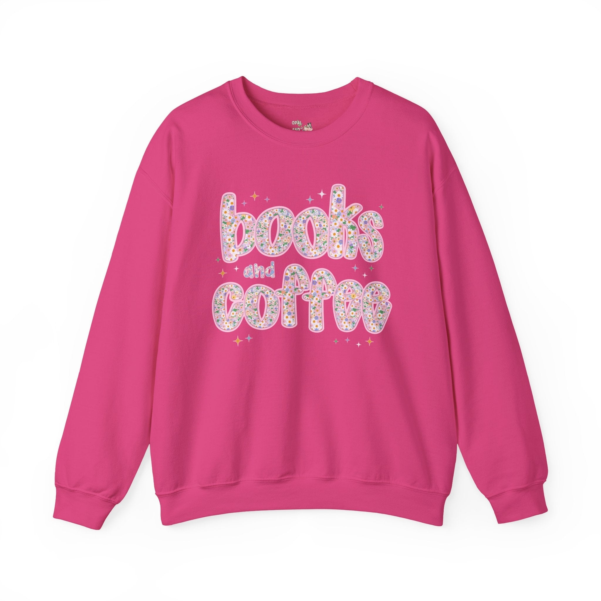 Books and Coffee Sweatshirt for Book Lover or Boho Romance Reader Who Loves Coffee, Cute Floral Dreamcore Coffee Lover Crewneck with Stars - Opal and June