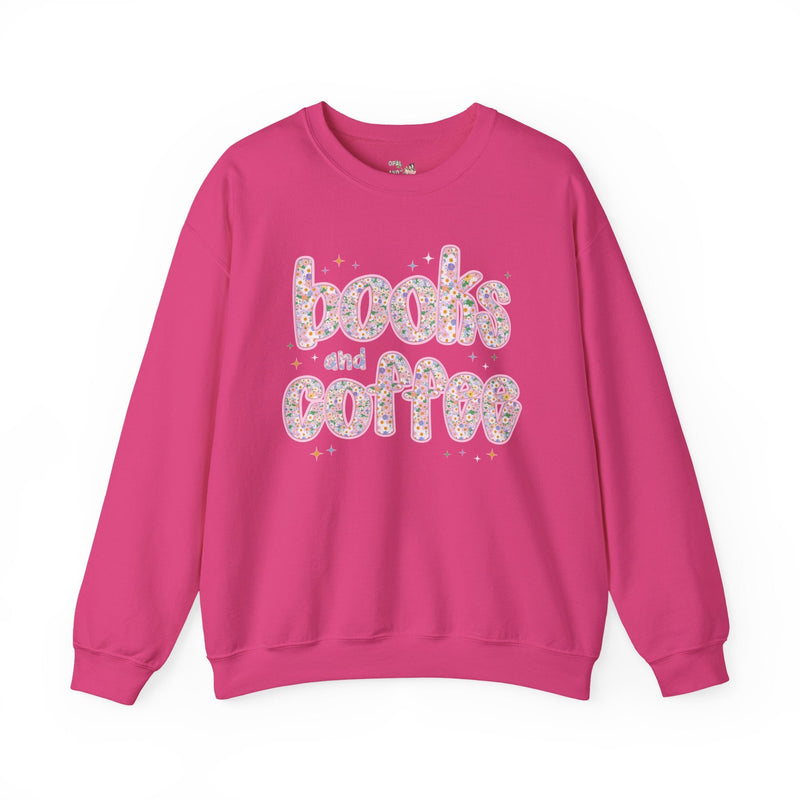 Books and Coffee Sweatshirt for Book Lover or Boho Romance Reader Who Loves Coffee, Cute Floral Dreamcore Coffee Lover Crewneck with Stars - Opal and June