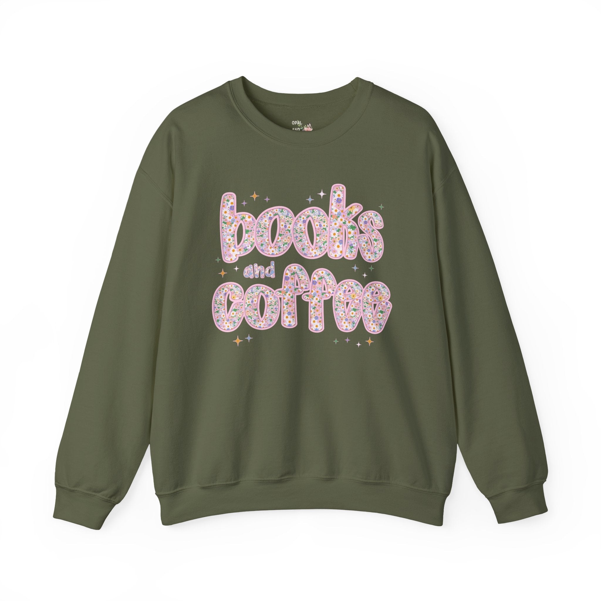 Books and Coffee Sweatshirt for Book Lover or Boho Romance Reader Who Loves Coffee, Cute Floral Dreamcore Coffee Lover Crewneck with Stars - Opal and June