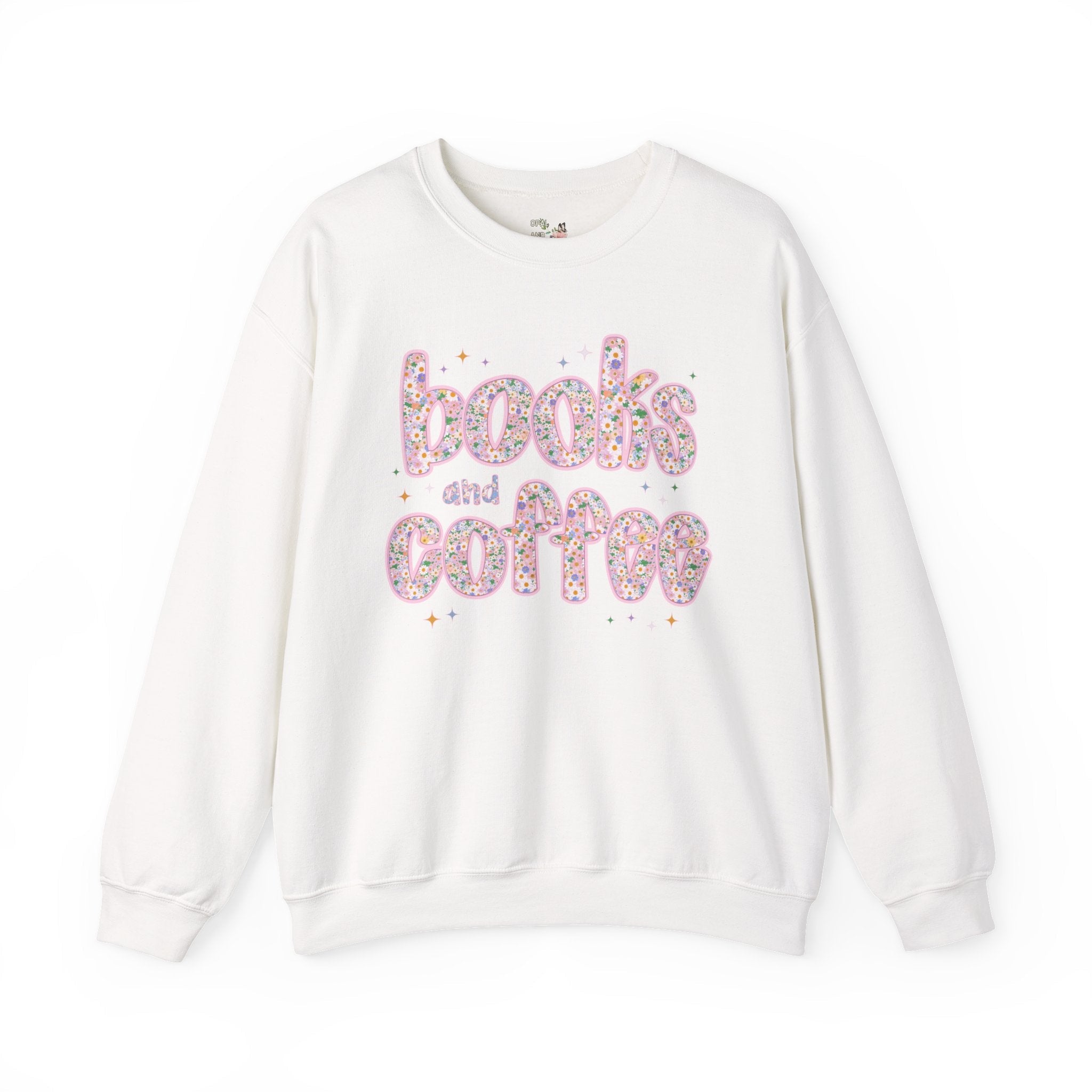 Books and Coffee Sweatshirt for Book Lover or Boho Romance Reader Who Loves Coffee, Cute Floral Dreamcore Coffee Lover Crewneck with Stars - Opal and June