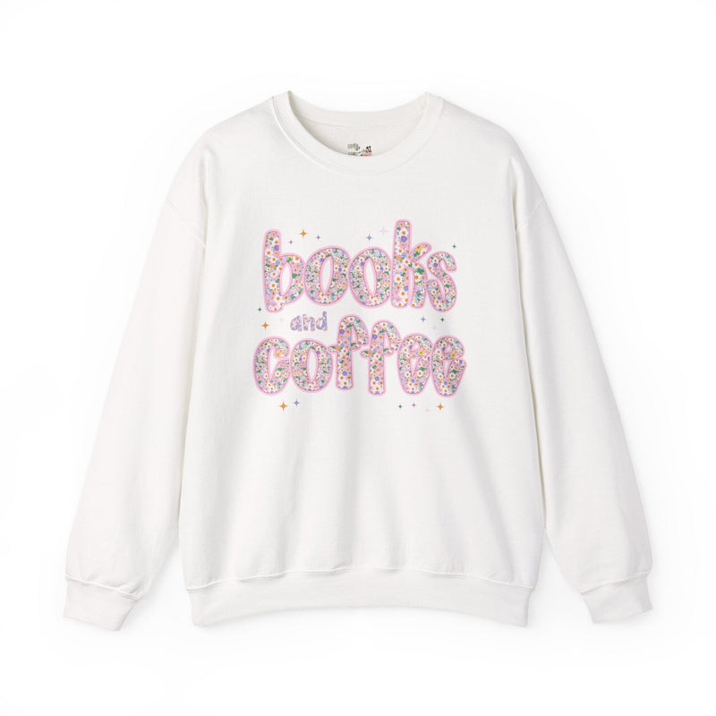 Books and Coffee Sweatshirt for Book Lover or Boho Romance Reader Who Loves Coffee, Cute Floral Dreamcore Coffee Lover Crewneck with Stars - Opal and June