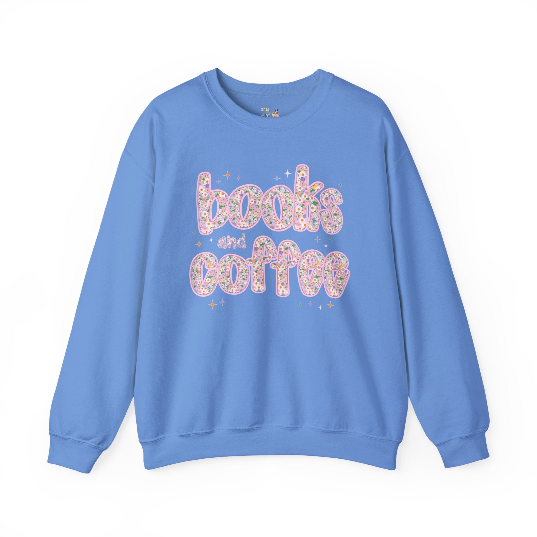 Books and Coffee Sweatshirt for Book Lover or Boho Romance Reader Who Loves Coffee, Cute Floral Dreamcore Coffee Lover Crewneck with Stars - Opal and June