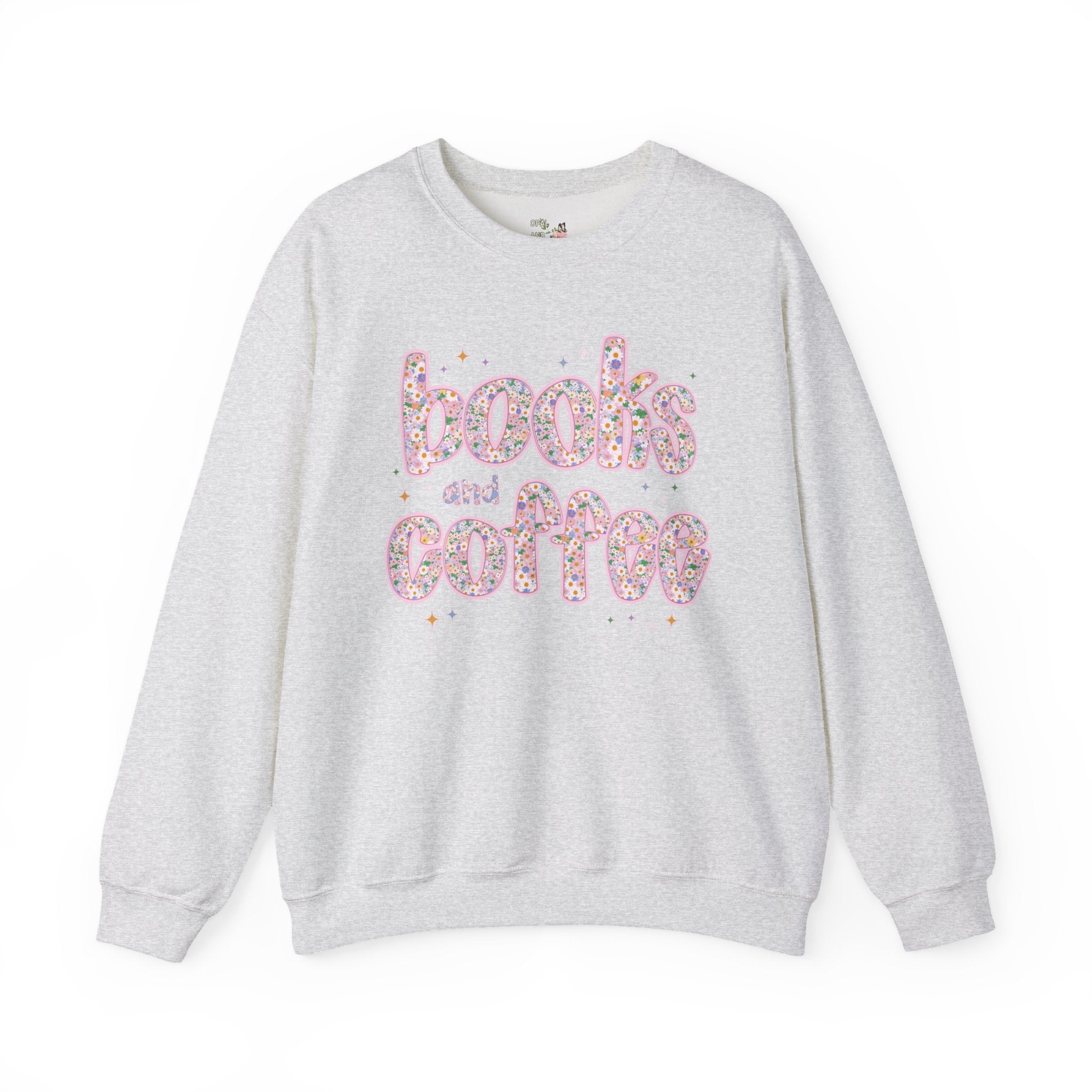 Books and Coffee Sweatshirt for Book Lover or Boho Romance Reader Who Loves Coffee, Cute Floral Dreamcore Coffee Lover Crewneck with Stars - Opal and June