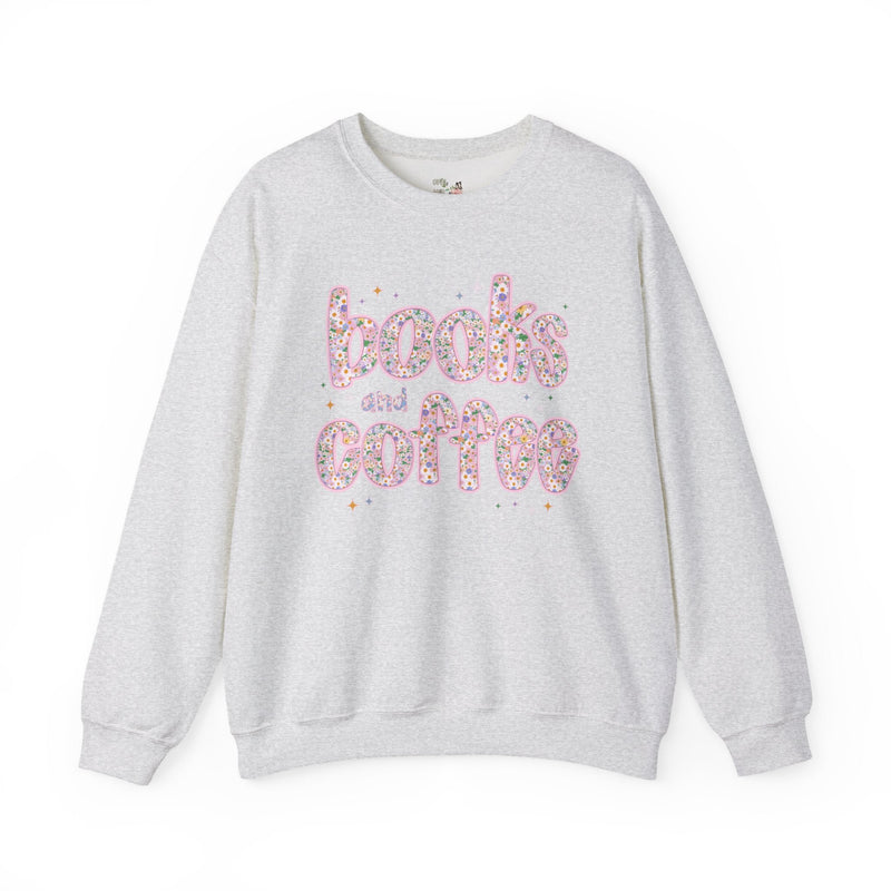 Books and Coffee Sweatshirt for Book Lover or Boho Romance Reader Who Loves Coffee, Cute Floral Dreamcore Coffee Lover Crewneck with Stars - Opal and June