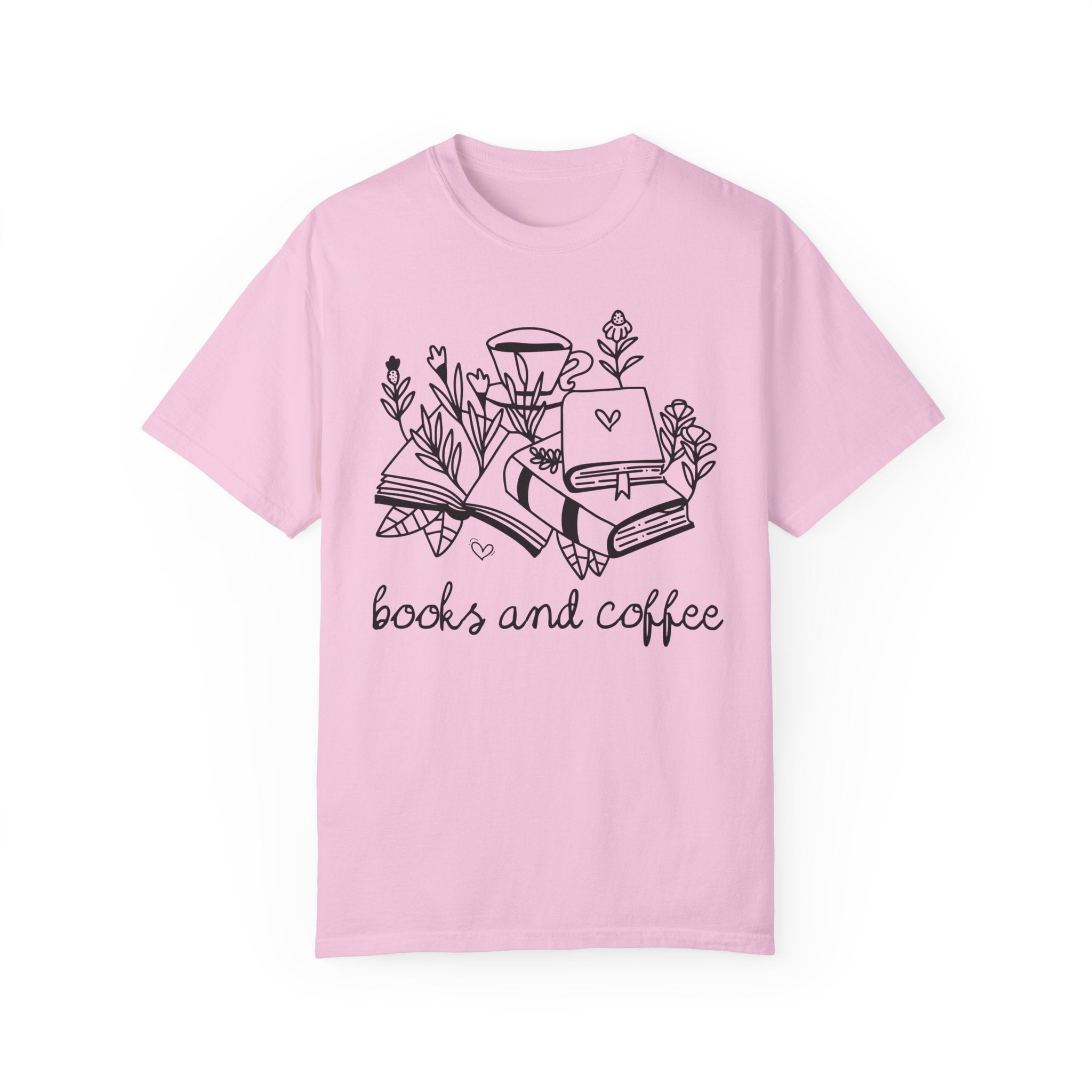 Books and Coffee Tea Shirt with Flowers: Book Lover Gift Idea for Bookworm, Librarian Who Loves Coffee, Romance Reader Gift, Coffee Lover - Opal and June