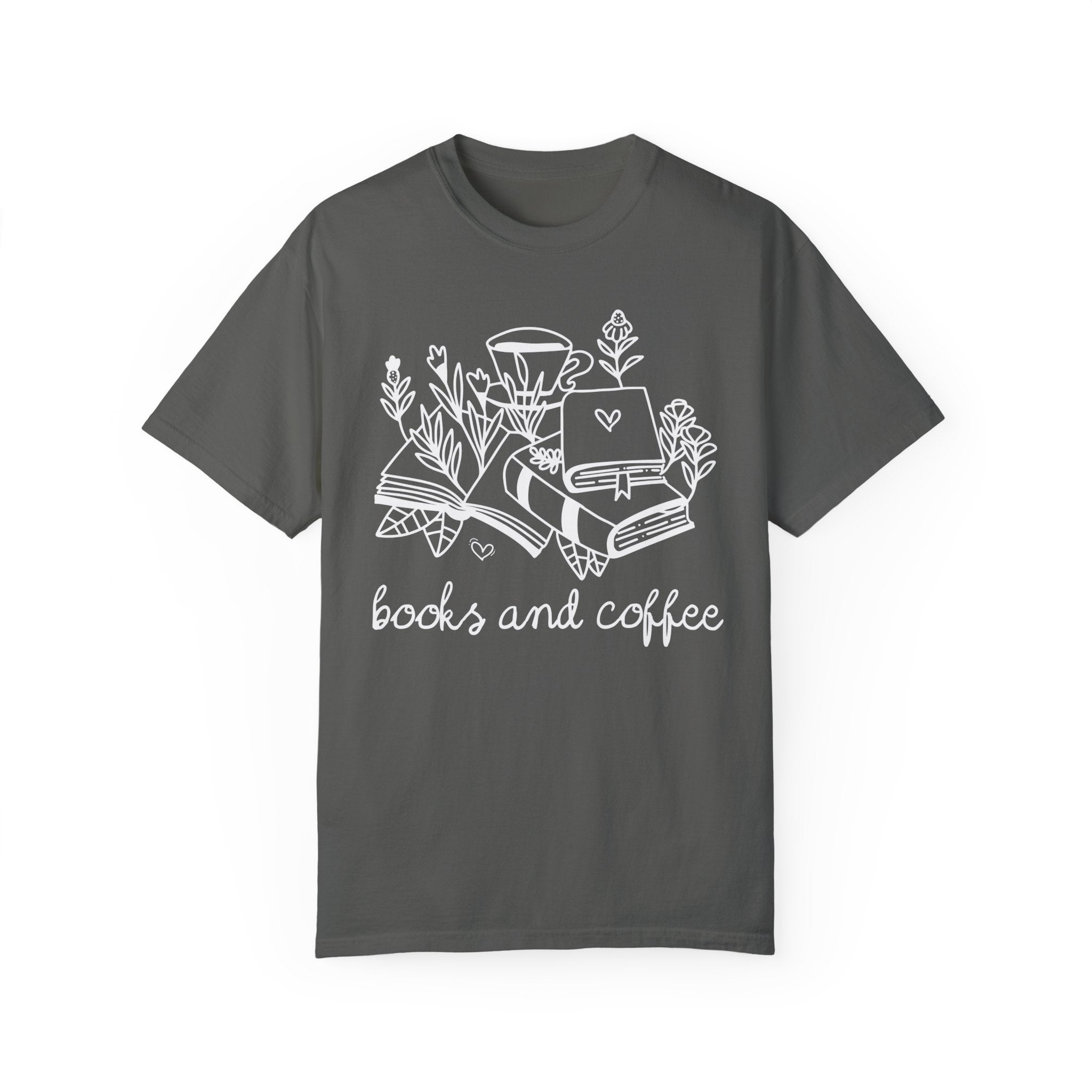 Books and Coffee Tea Shirt with Flowers: Book Lover Gift Idea for Bookworm, Librarian Who Loves Coffee, Romance Reader Gift, Coffee Lover - Opal and June