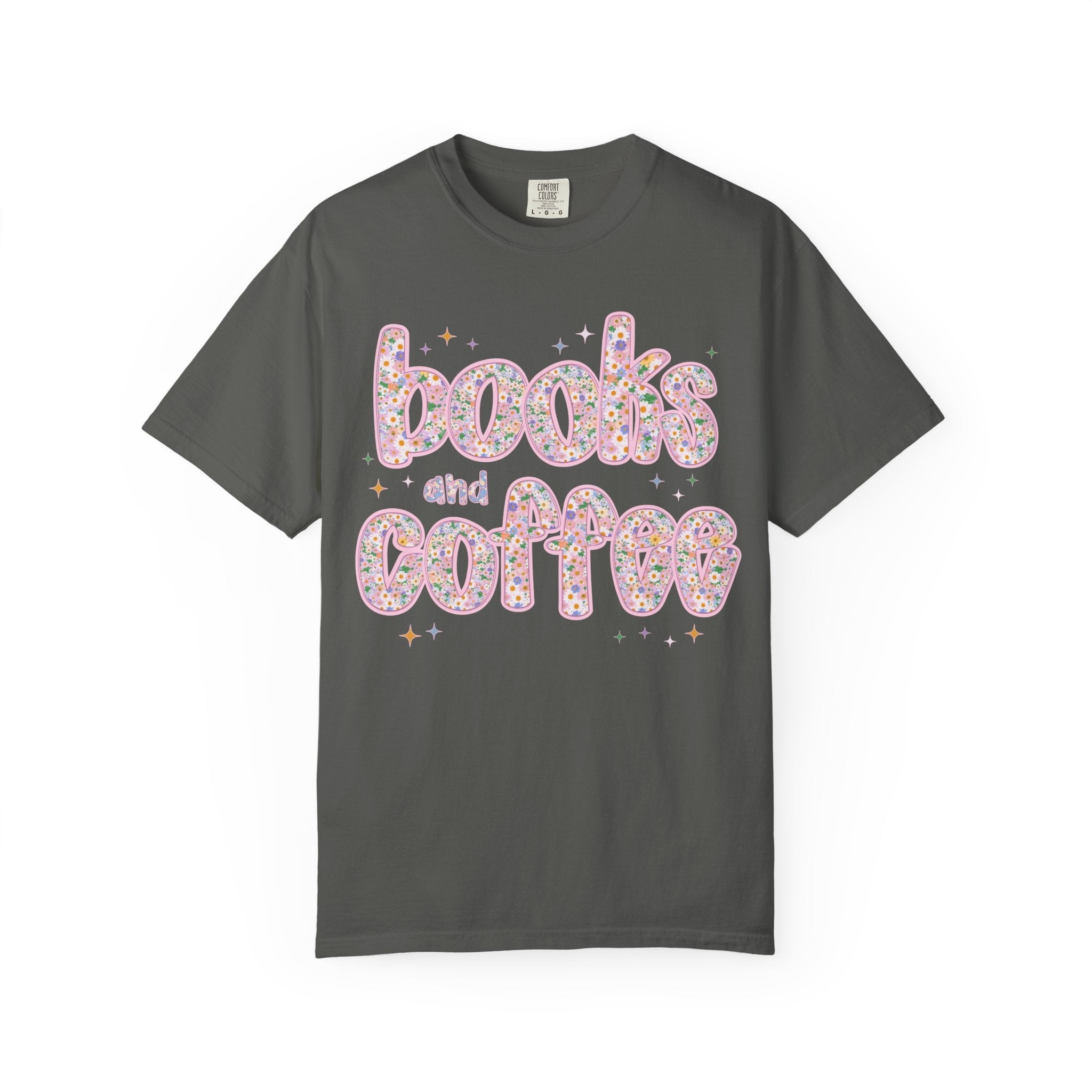 Books and Coffee Tee Shirt for Book Lover or Boho Romance Reader Who Loves Coffee, Cute Floral Dreamcore Coffee Lover T-Shirt with Stars - Opal and June