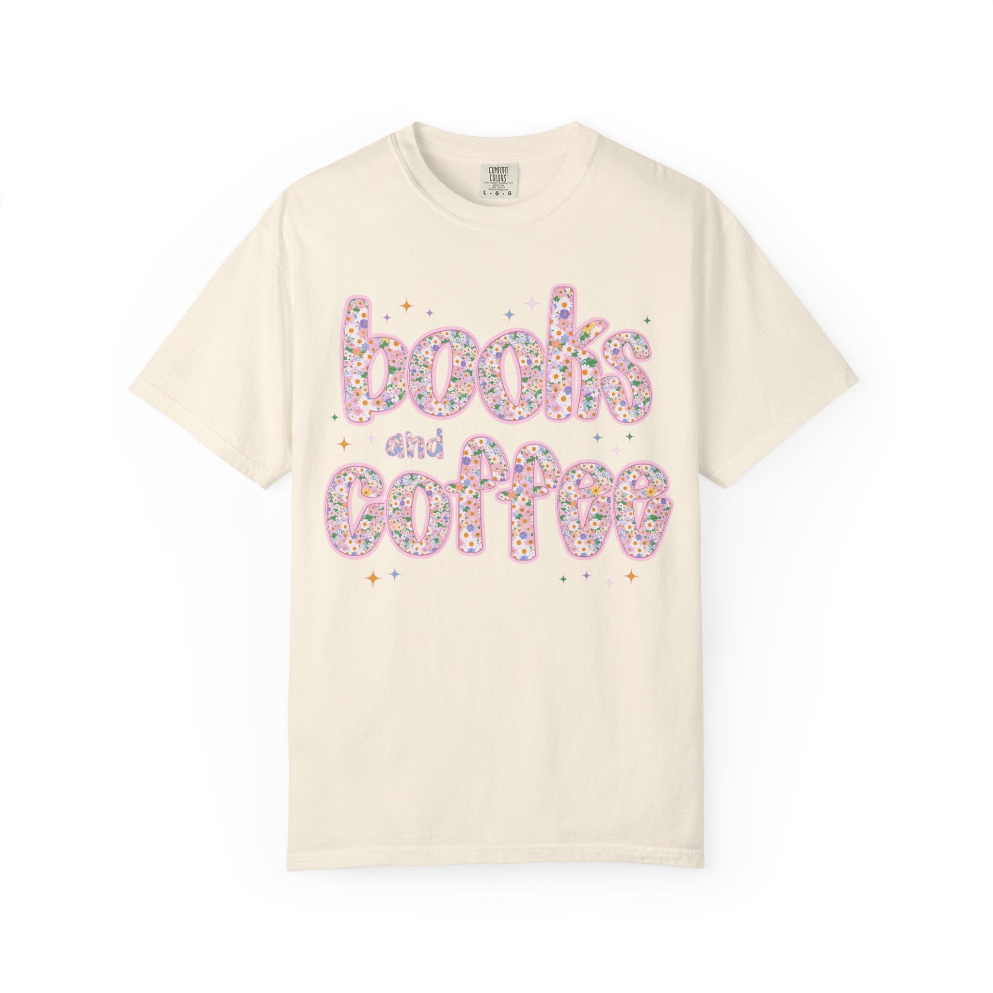 Books and Coffee Tee Shirt for Book Lover or Boho Romance Reader Who Loves Coffee, Cute Floral Dreamcore Coffee Lover T-Shirt with Stars - Opal and June
