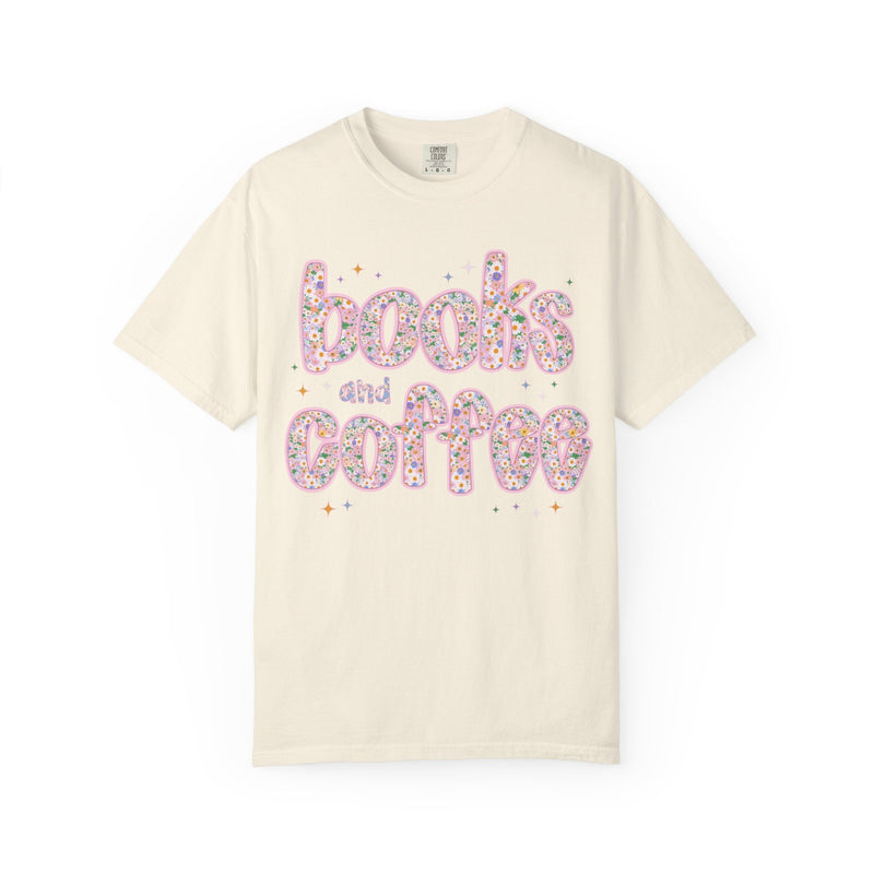 Books and Coffee Tee Shirt for Book Lover or Boho Romance Reader Who Loves Coffee, Cute Floral Dreamcore Coffee Lover T-Shirt with Stars - Opal and June