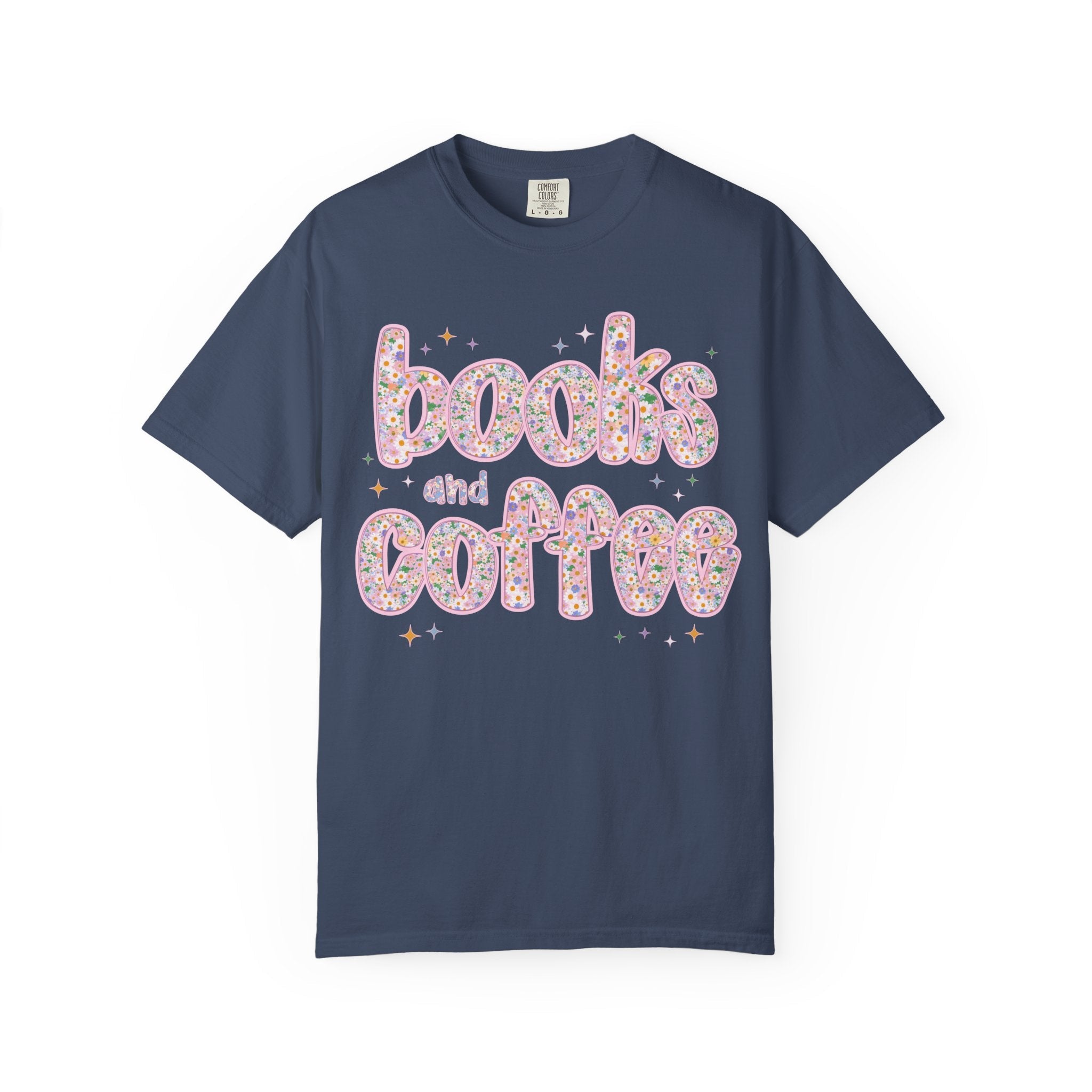 Books and Coffee Tee Shirt for Book Lover or Boho Romance Reader Who Loves Coffee, Cute Floral Dreamcore Coffee Lover T-Shirt with Stars - Opal and June