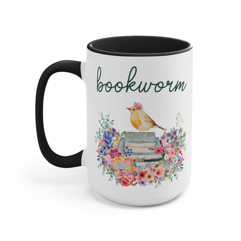 Bookworm Coffee Mug with Bird and Flowers: 15 Oz Coffee Mug - Opal and June