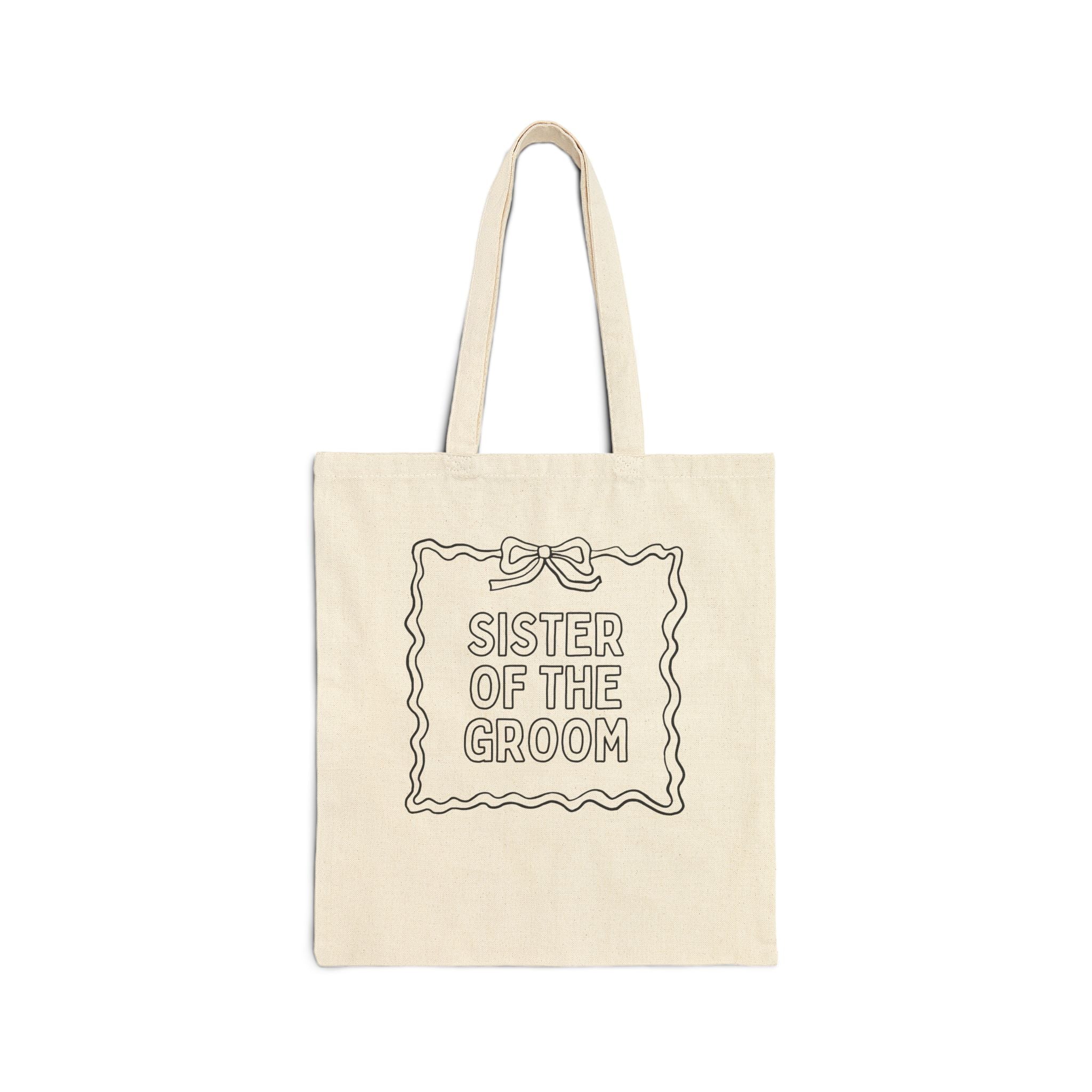 Bridesmaid Bridal Party Tote Bag: Cute Bachelorette Party Painting Coloring or DIY Activity, Sister of the Groom - Opal and June