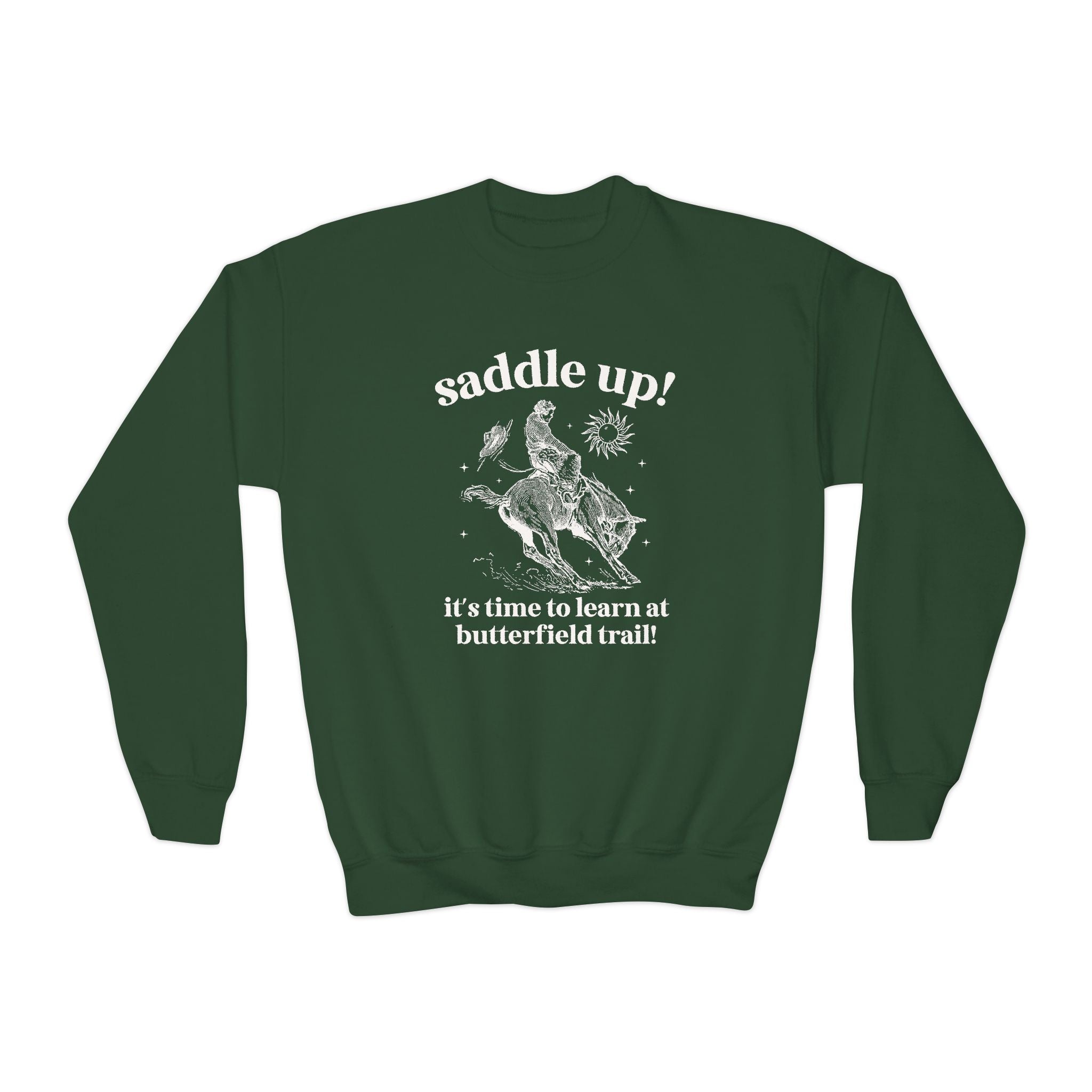 Butterfield Trail Elementary Kids Sweatshirt: Saddle Up! It's Time to Learn at Butterfield Trail! | FPS + Opal and June Sweatshirt, Fayetteville Public Schools - Opal and June