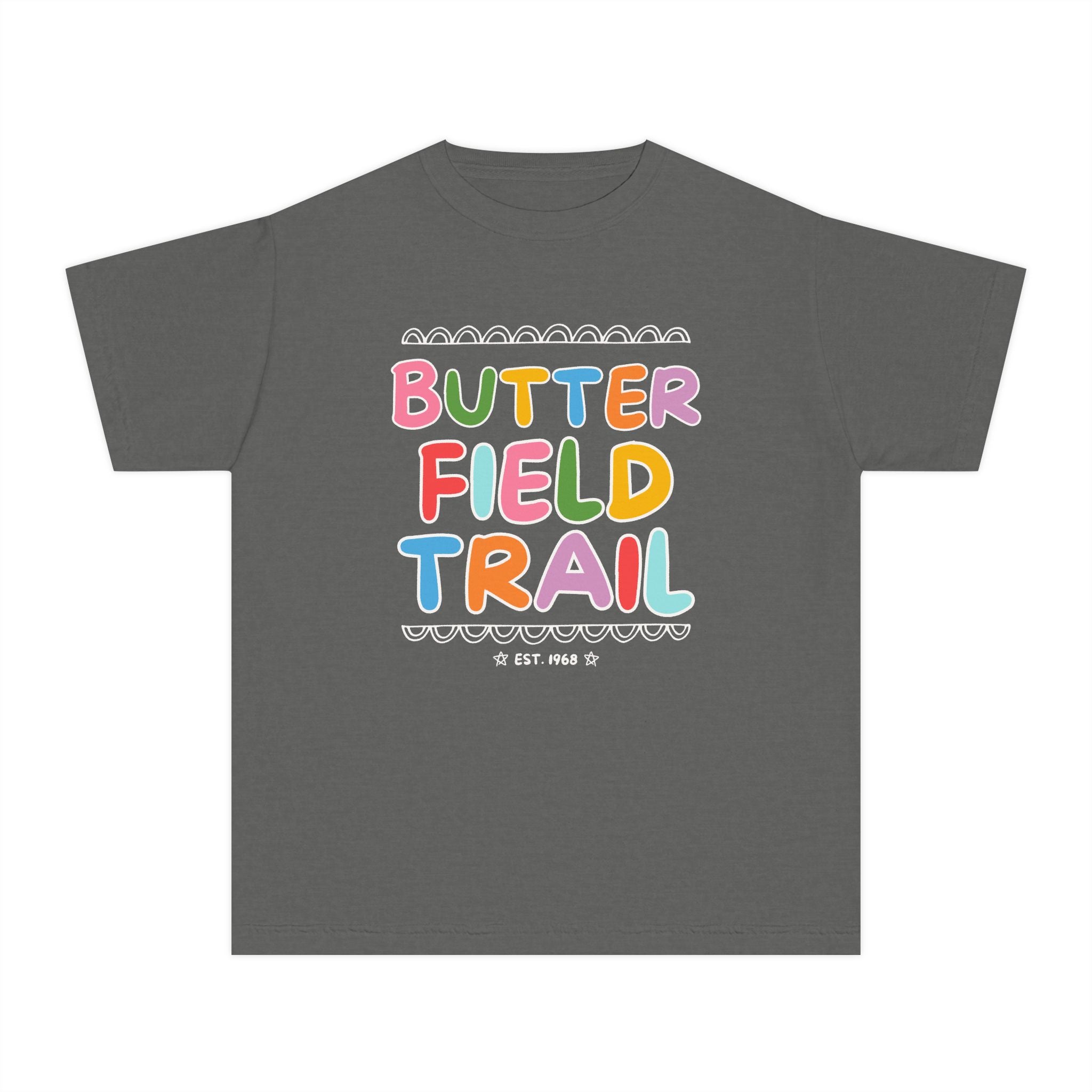Butterfield Trail Elementary Kids Tee Shirt: Rainbow Letters - Opal and June