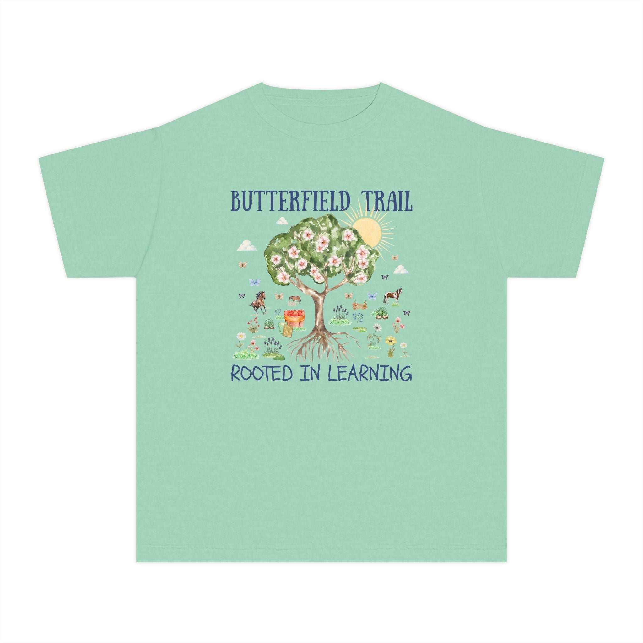 Butterfield Trail Elementary Kids Tee Shirt: Rooted in Learning | FPS + Opal and June Tee Shirt, Fayetteville Public Schools - Opal and June