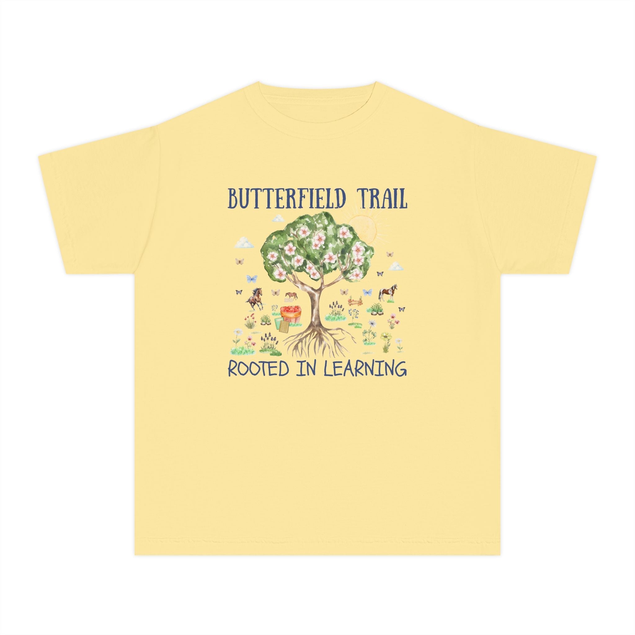 Butterfield Trail Elementary Kids Tee Shirt: Rooted in Learning | FPS + Opal and June Tee Shirt, Fayetteville Public Schools - Opal and June
