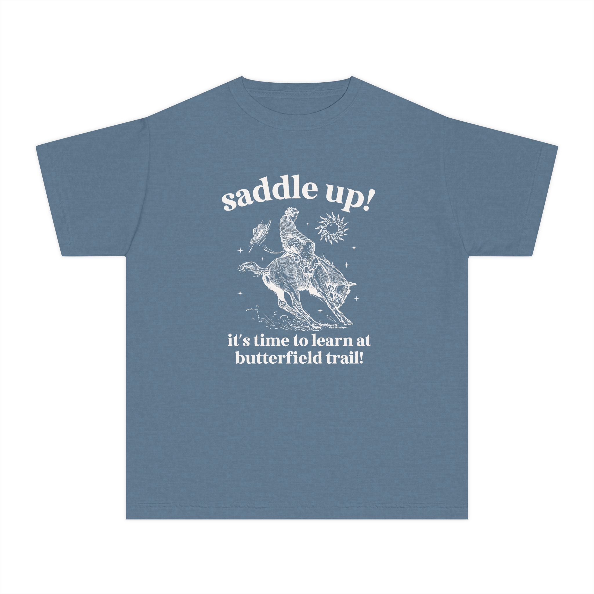 Butterfield Trail Elementary Kids Tee Shirt: Saddle Up! It's Time to Learn at Butterfield Trail! | FPS + Opal and June T-Shirt, Fayetteville Public Schools - Opal and June