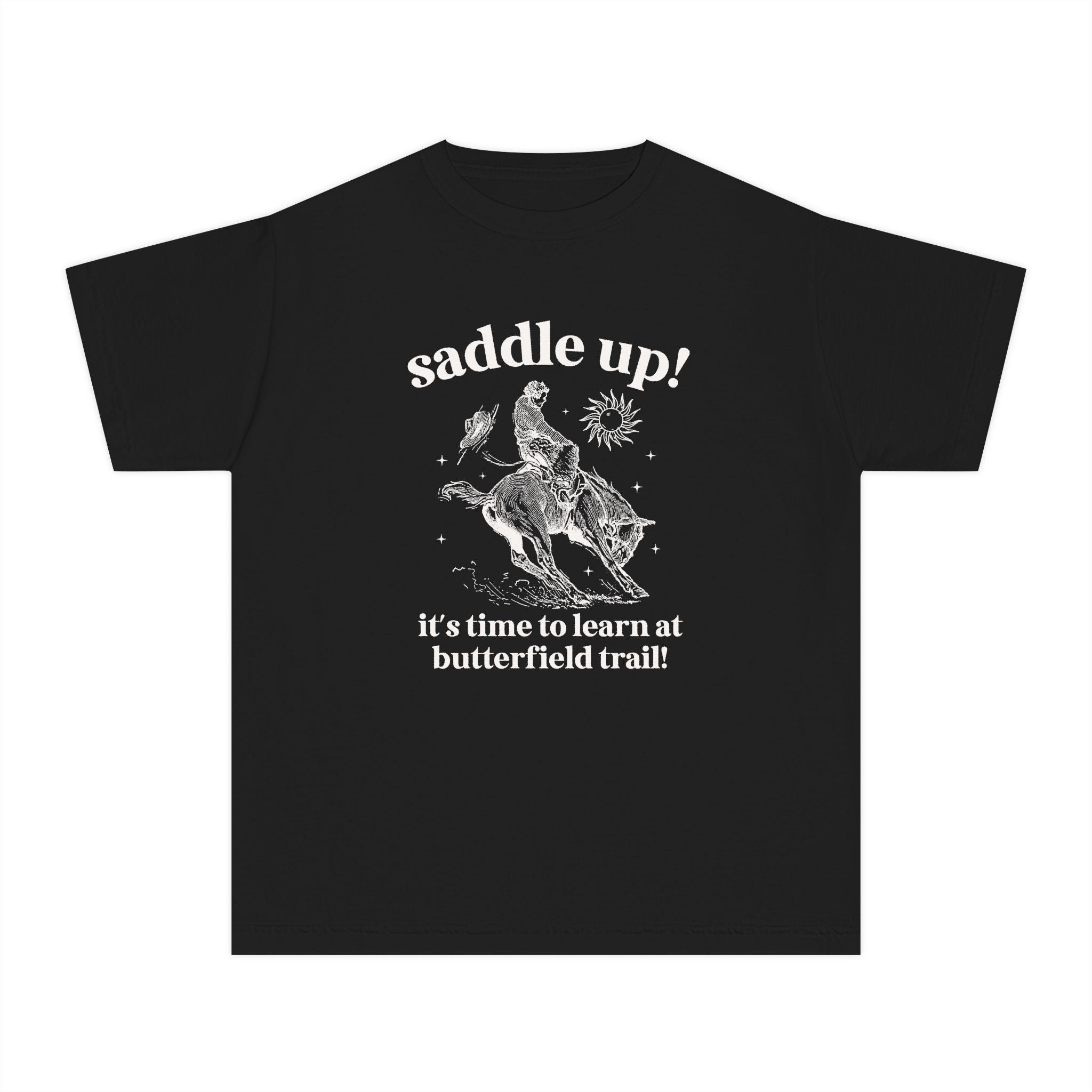Butterfield Trail Elementary Kids Tee Shirt: Saddle Up! It's Time to Learn at Butterfield Trail! | FPS + Opal and June T-Shirt, Fayetteville Public Schools - Opal and June