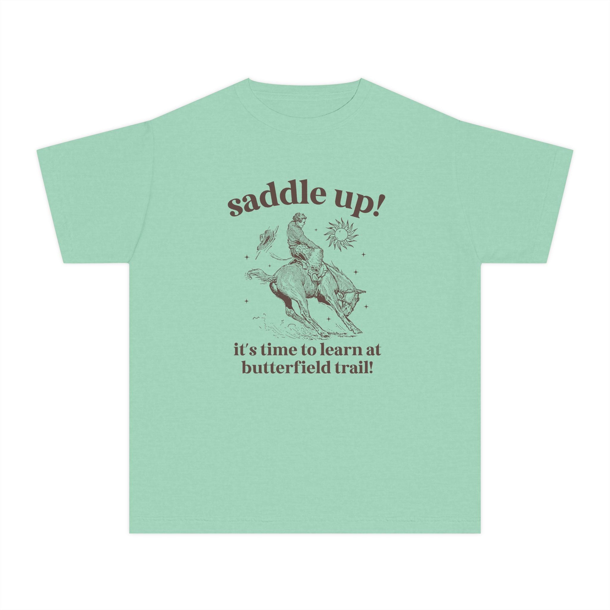 Butterfield Trail Elementary Kids Tee Shirt: Saddle Up! It's Time to Learn at Butterfield Trail! | FPS + Opal and June T-Shirt, Fayetteville Public Schools - Opal and June
