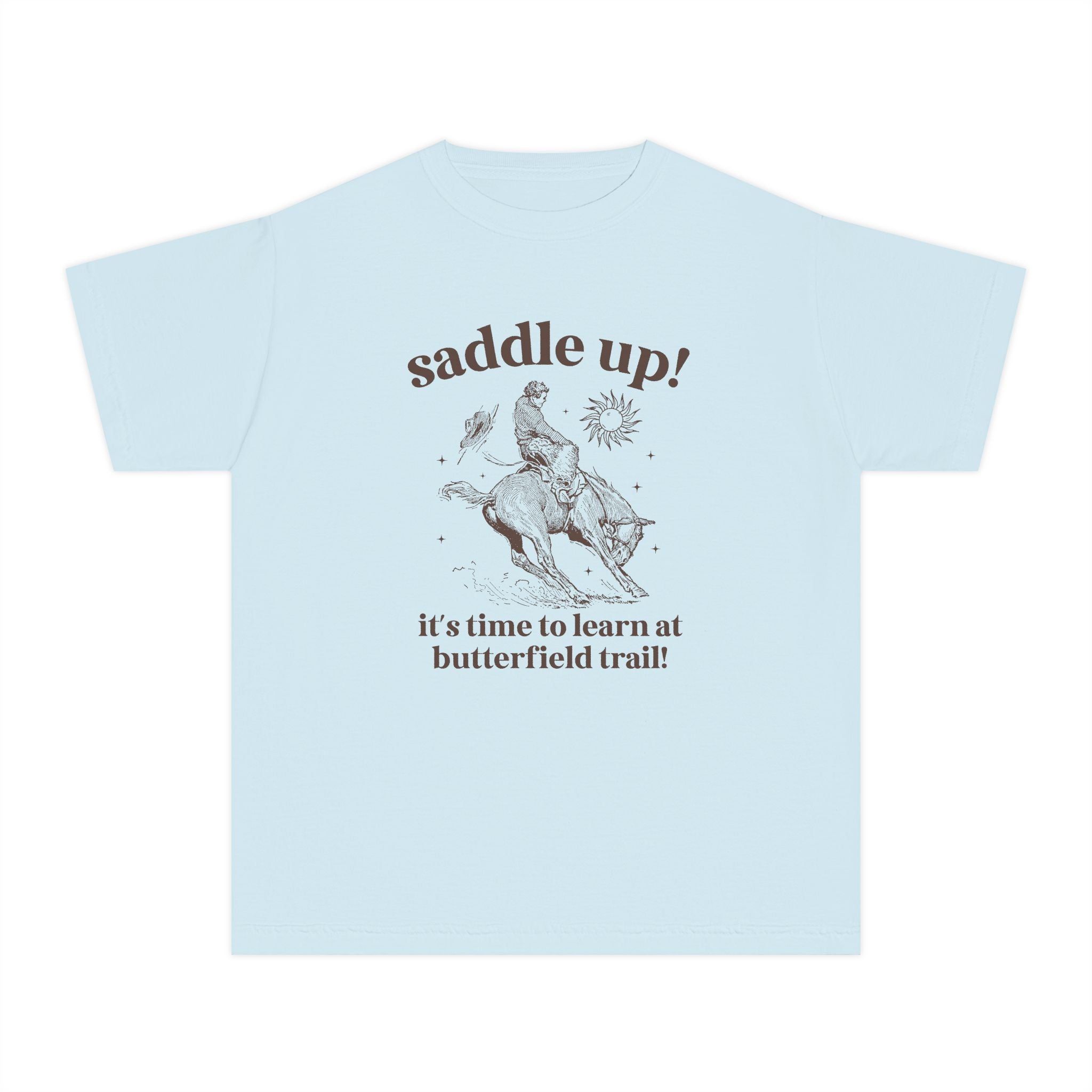 Butterfield Trail Elementary Kids Tee Shirt: Saddle Up! It's Time to Learn at Butterfield Trail! | FPS + Opal and June T-Shirt, Fayetteville Public Schools - Opal and June