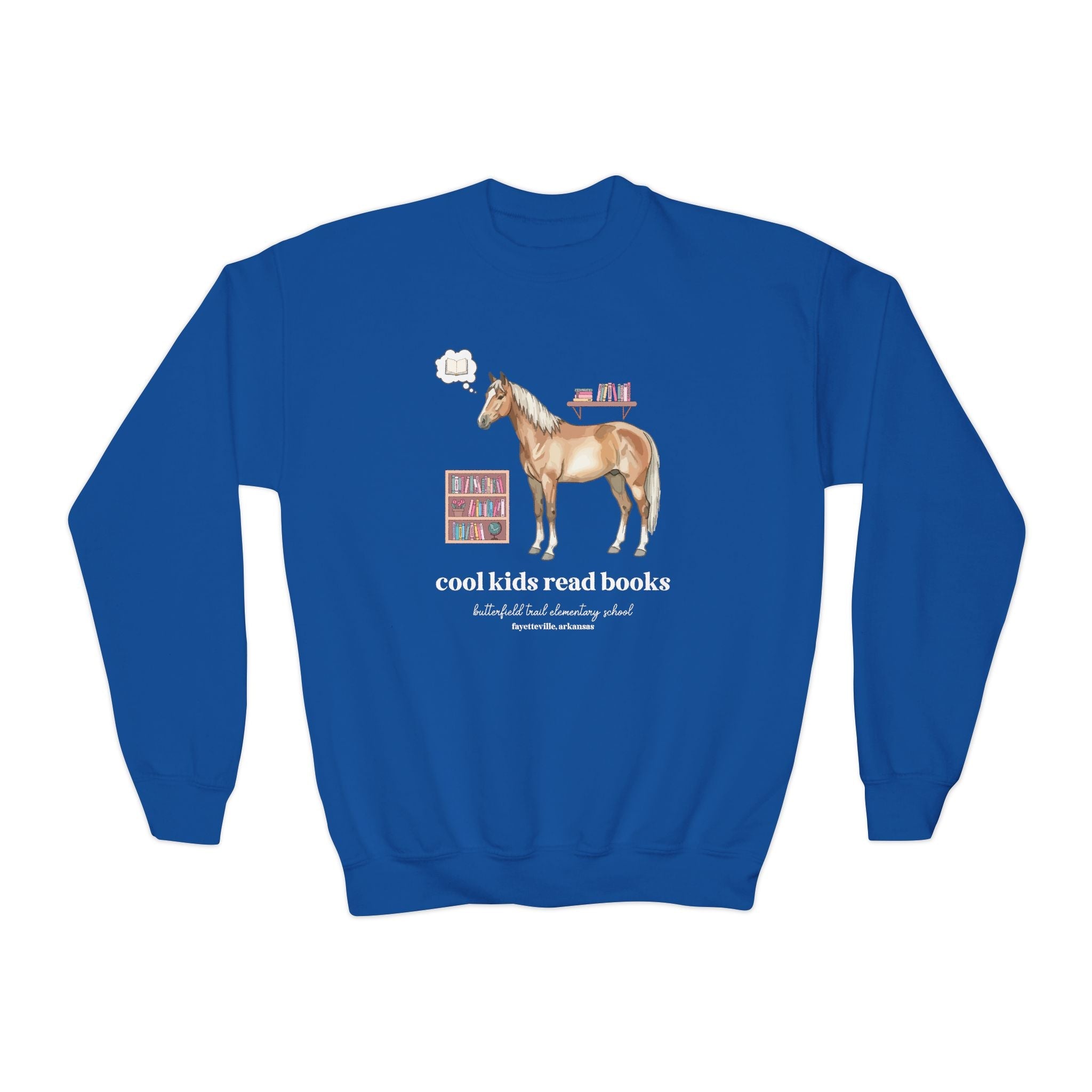 Butterfield Trail Elementary School Kids Sweatshirt: Cool Kids Read Books | FPS + Opal and June Kids Sweatshirt, Fayetteville Public Schools - Opal and June