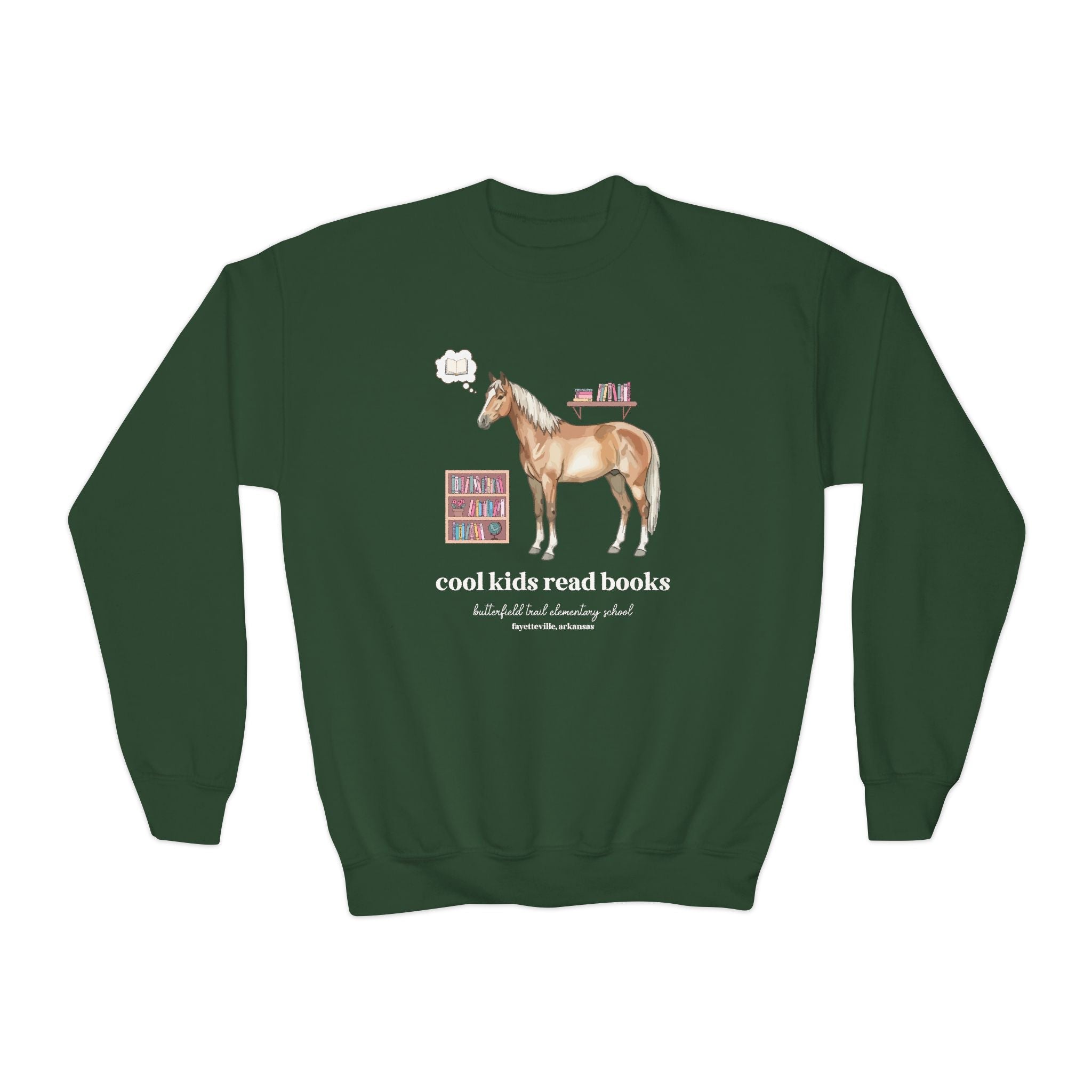 Butterfield Trail Elementary School Kids Sweatshirt: Cool Kids Read Books | FPS + Opal and June Kids Sweatshirt, Fayetteville Public Schools - Opal and June