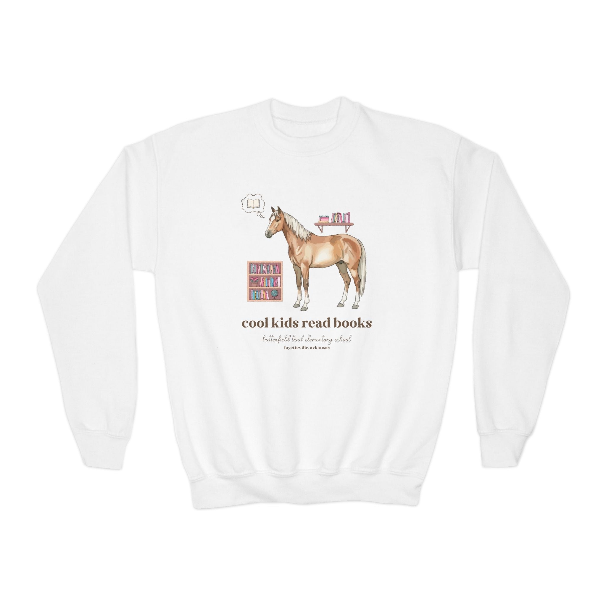 Butterfield Trail Elementary School Kids Sweatshirt: Cool Kids Read Books | FPS + Opal and June Kids Sweatshirt, Fayetteville Public Schools - Opal and June