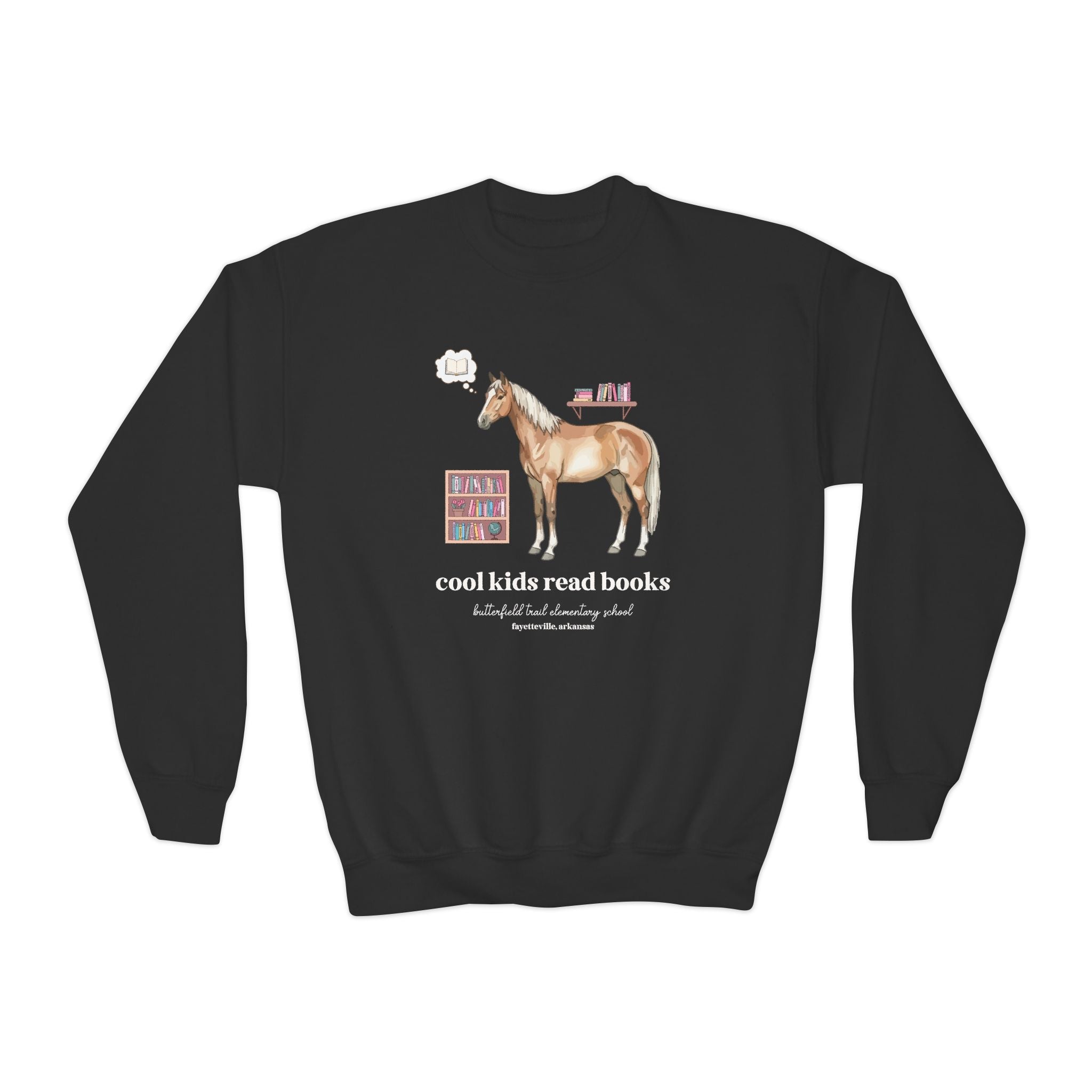 Butterfield Trail Elementary School Kids Sweatshirt: Cool Kids Read Books | FPS + Opal and June Kids Sweatshirt, Fayetteville Public Schools - Opal and June