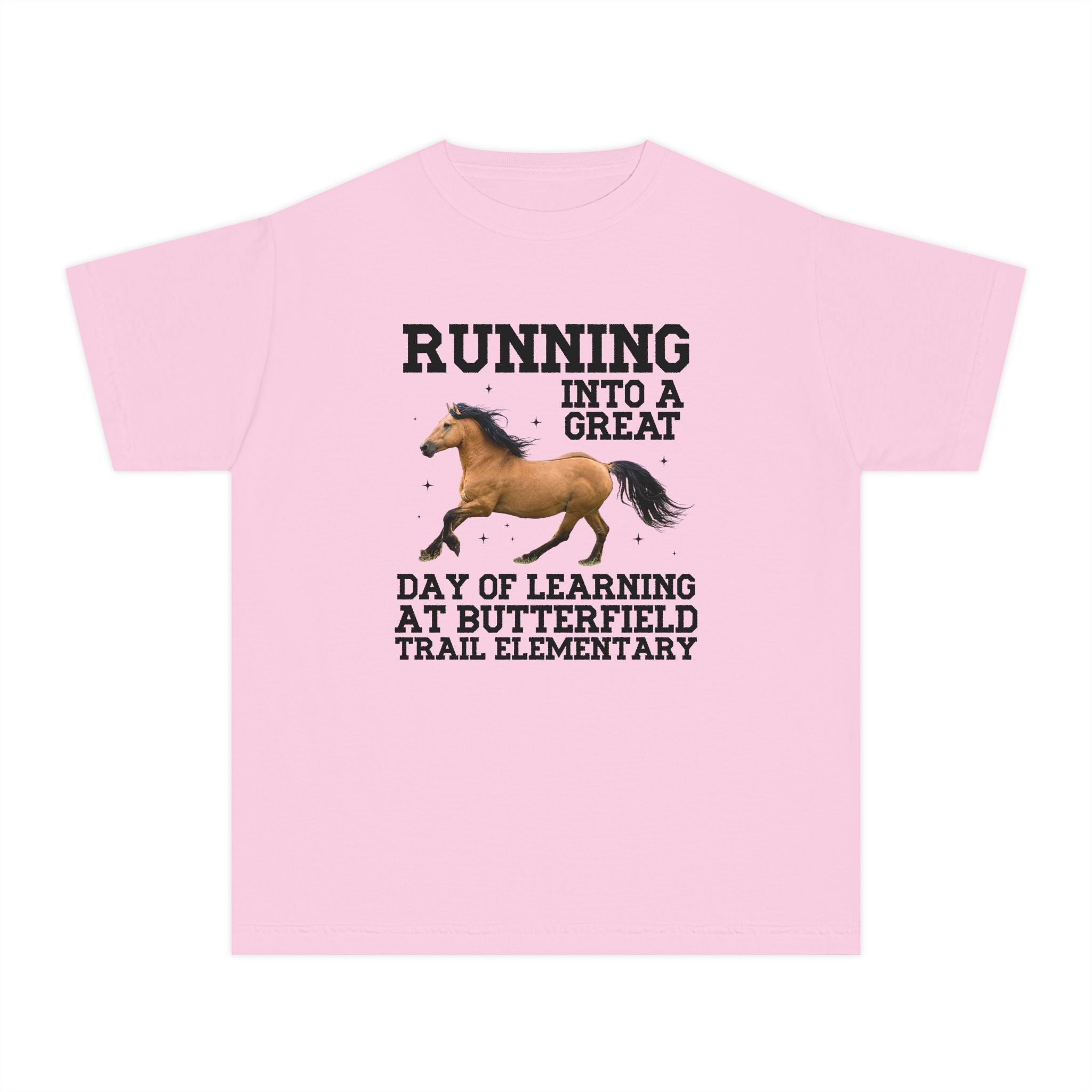 Butterfield Trail Elementary School Kids Tee Shirt: Running Into a Great Day of Learning | FPS + Opal and June Kids Tee Shirt, Fayetteville Public Schools - Opal and June
