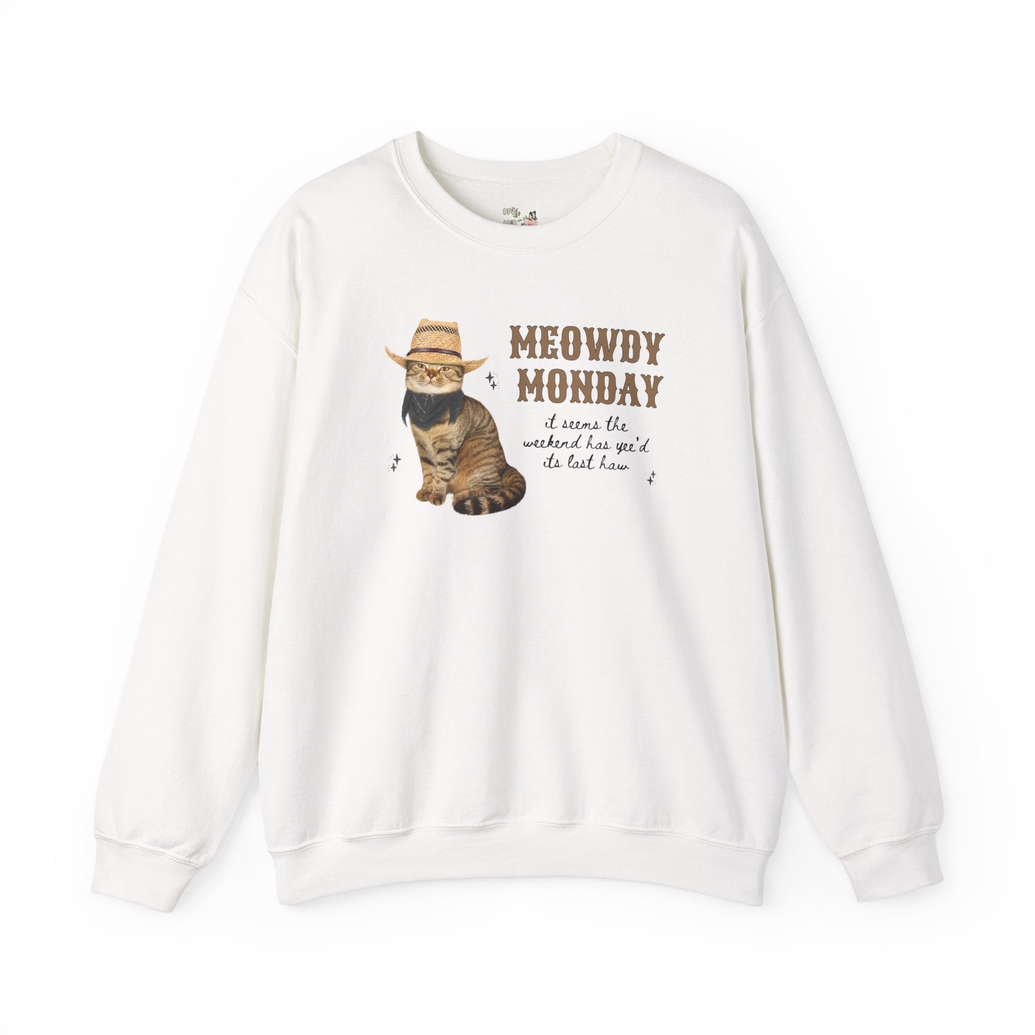 Cat Lover Sweatshirt with Groovy Western Vibes: Meowdy Monday, Silly Country Rodeo Cat Mom or Cat Dad Crewneck with Stars, Gift for Daughter - Opal and June