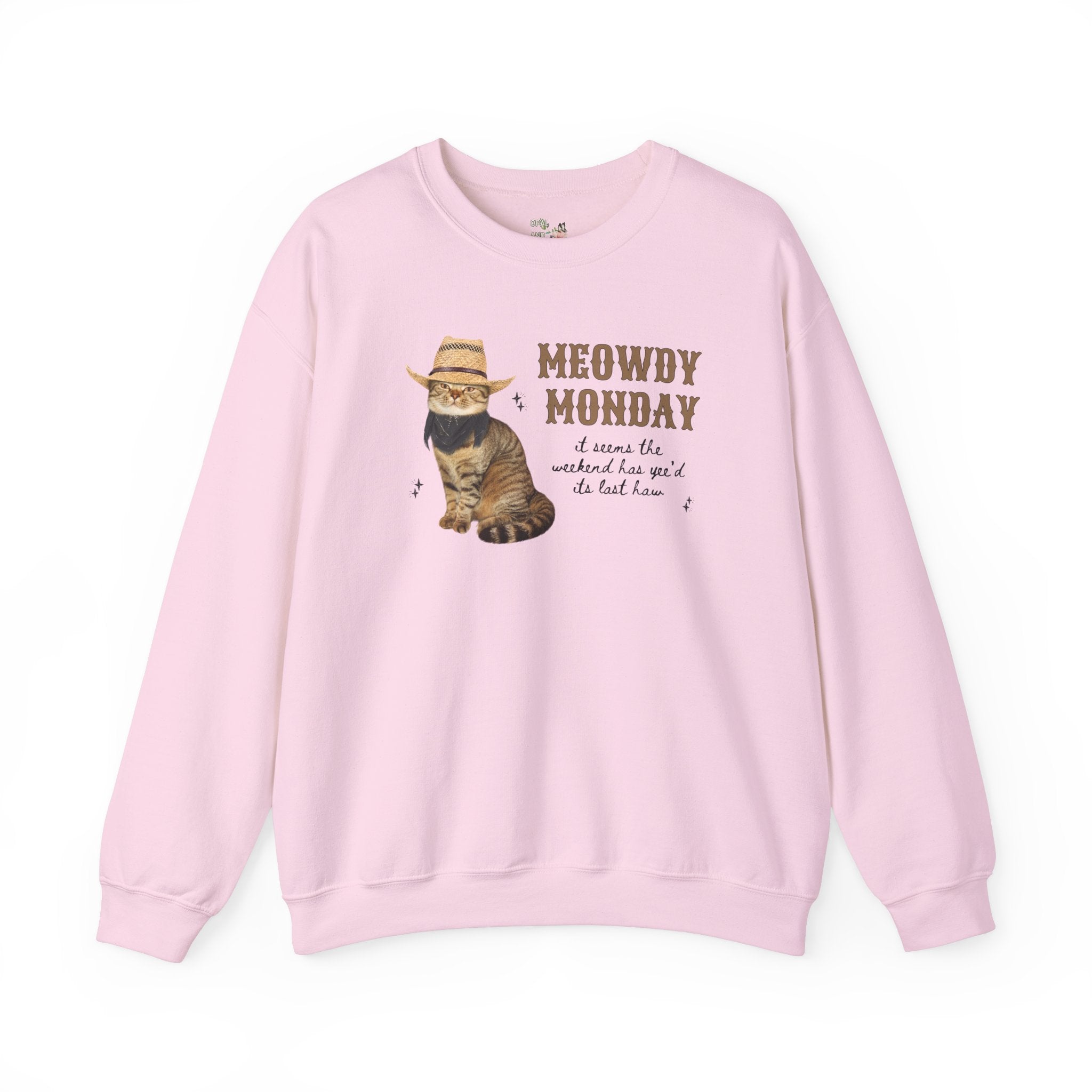 Cat Lover Sweatshirt with Groovy Western Vibes: Meowdy Monday, Silly Country Rodeo Cat Mom or Cat Dad Crewneck with Stars, Gift for Daughter - Opal and June