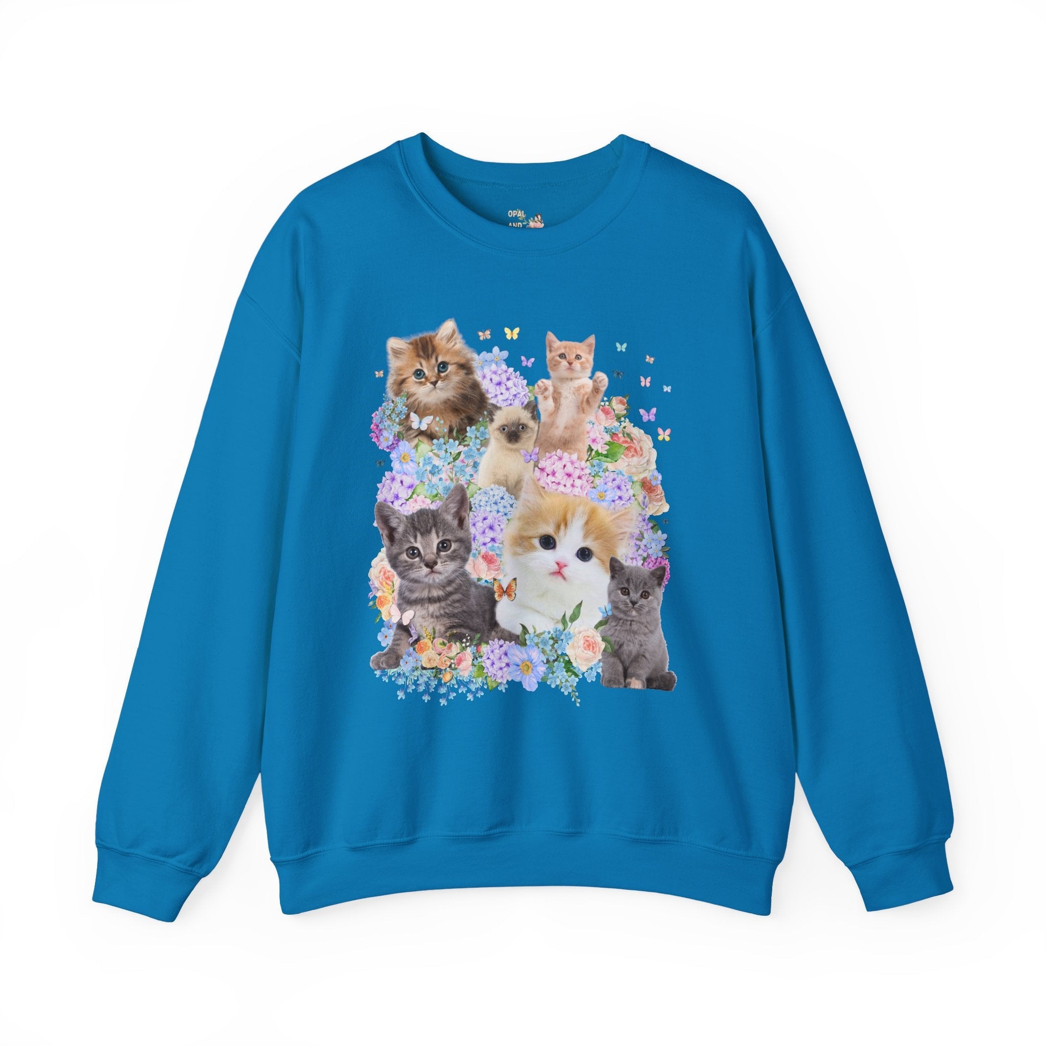 Cat Lover Sweatshirt with Hydrangea Flowers and Butterflies, Funny Nineties Throwback Crewneck, Cat Mom or Cat Dad, Silly Animal Lover Shirt - Opal and June