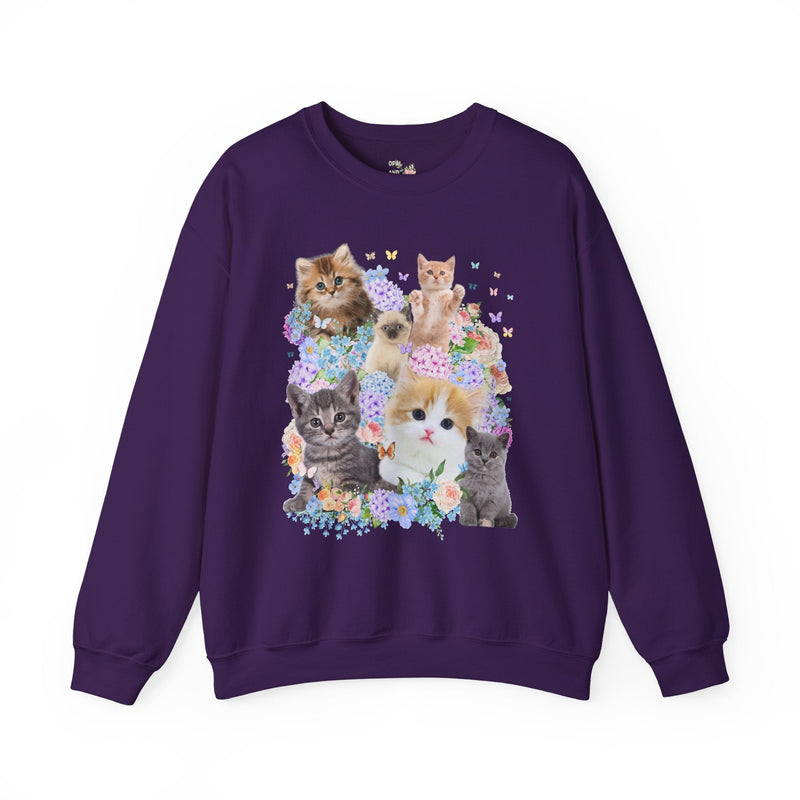 Cat Lover Sweatshirt with Hydrangea Flowers and Butterflies, Funny Nineties Throwback Crewneck, Cat Mom or Cat Dad, Silly Animal Lover Shirt - Opal and June