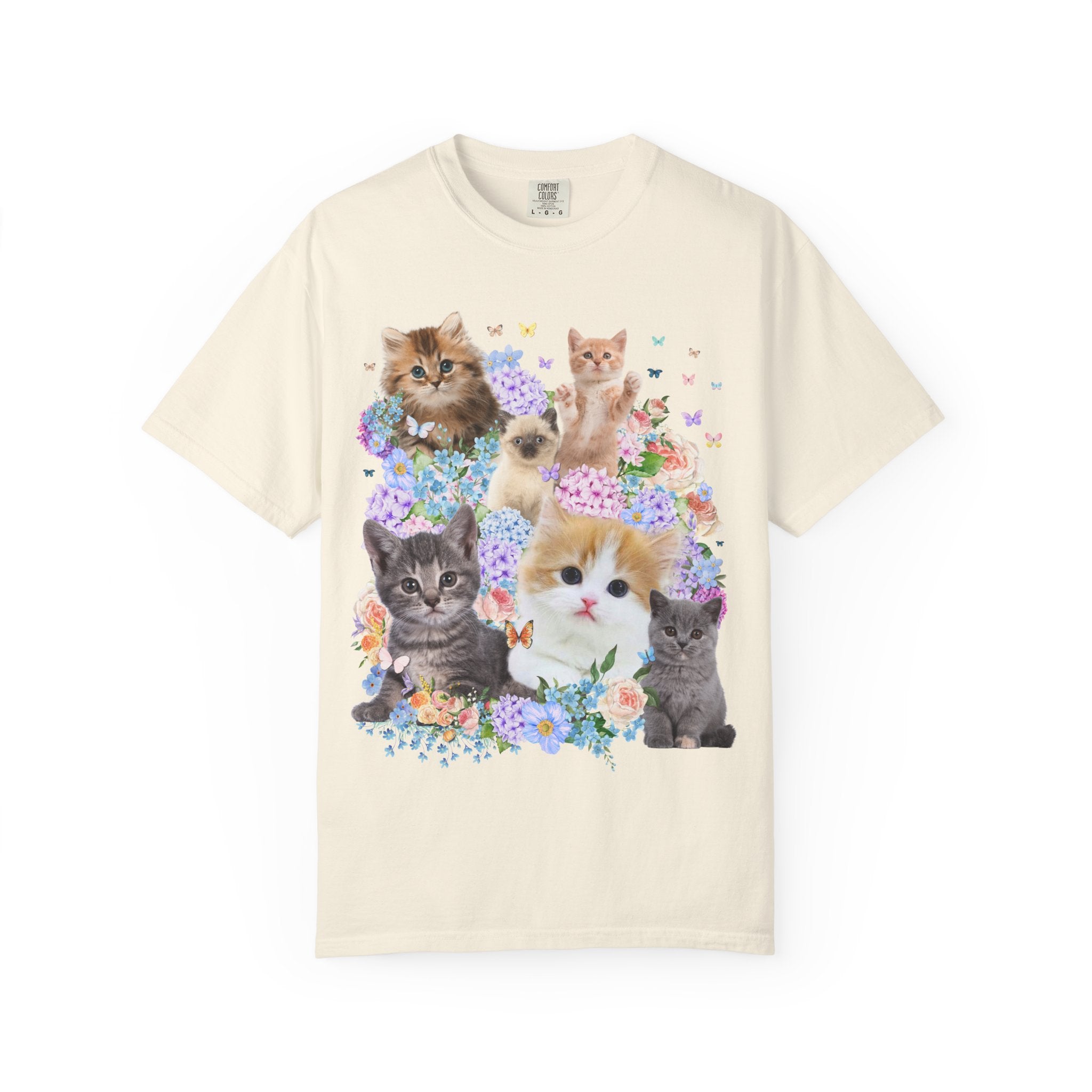 Cat Lover Tee Shirt with Hydrangea Flowers and Butterflies, Funny Nineties Throwback T-Shirt for Cat Mom or Cat Dad, Silly Animal Lover Tee - Opal and June