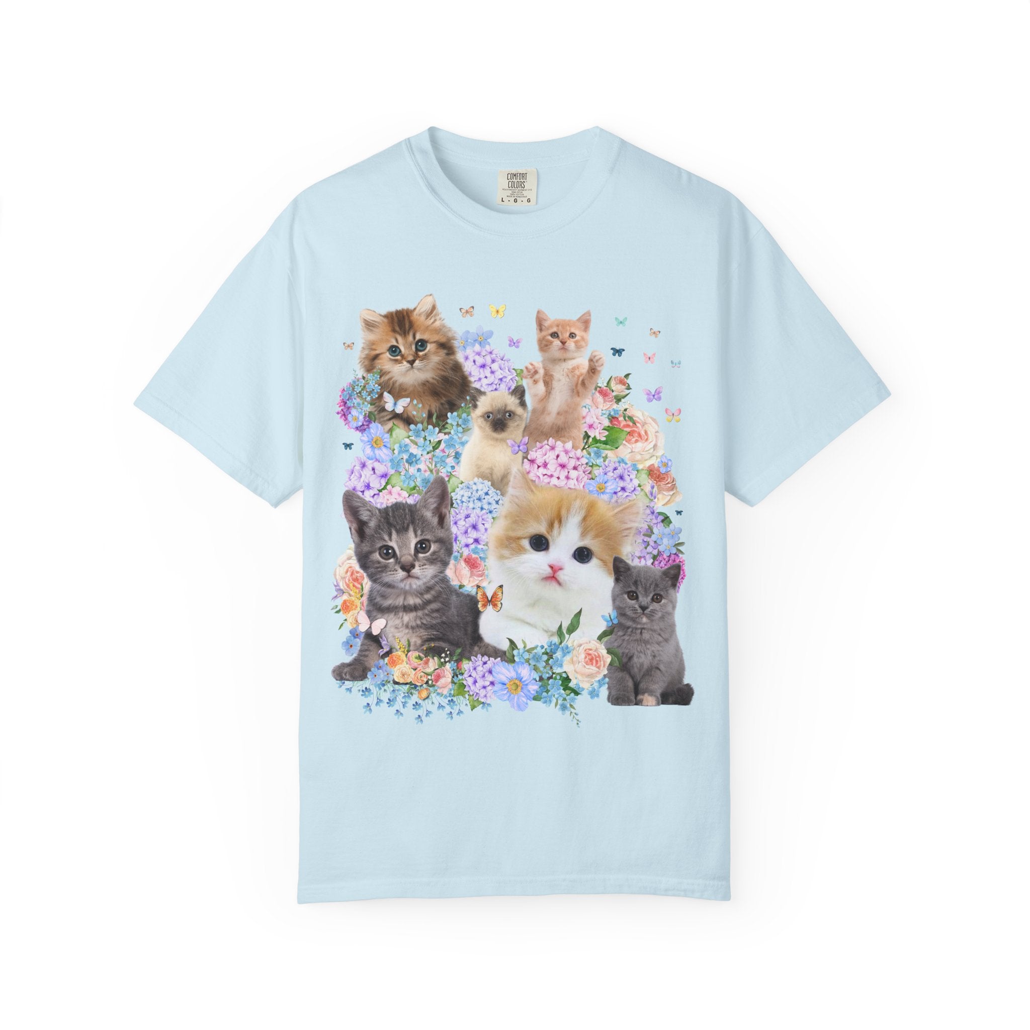 Cat Lover Tee Shirt with Hydrangea Flowers and Butterflies, Funny Nineties Throwback T-Shirt for Cat Mom or Cat Dad, Silly Animal Lover Tee - Opal and June