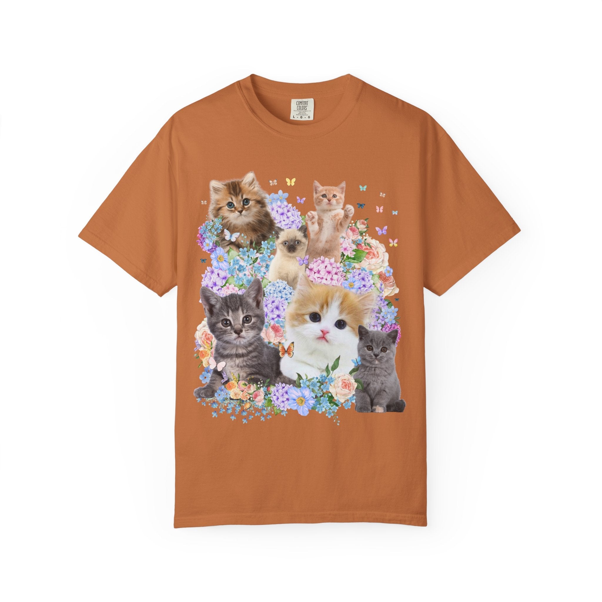 Cat Lover Tee Shirt with Hydrangea Flowers and Butterflies, Funny Nineties Throwback T-Shirt for Cat Mom or Cat Dad, Silly Animal Lover Tee - Opal and June