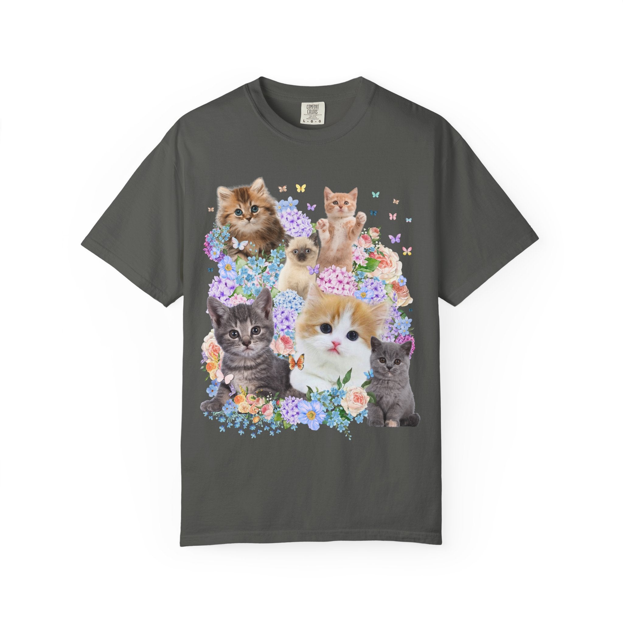 Cat Lover Tee Shirt with Hydrangea Flowers and Butterflies, Funny Nineties Throwback T-Shirt for Cat Mom or Cat Dad, Silly Animal Lover Tee - Opal and June