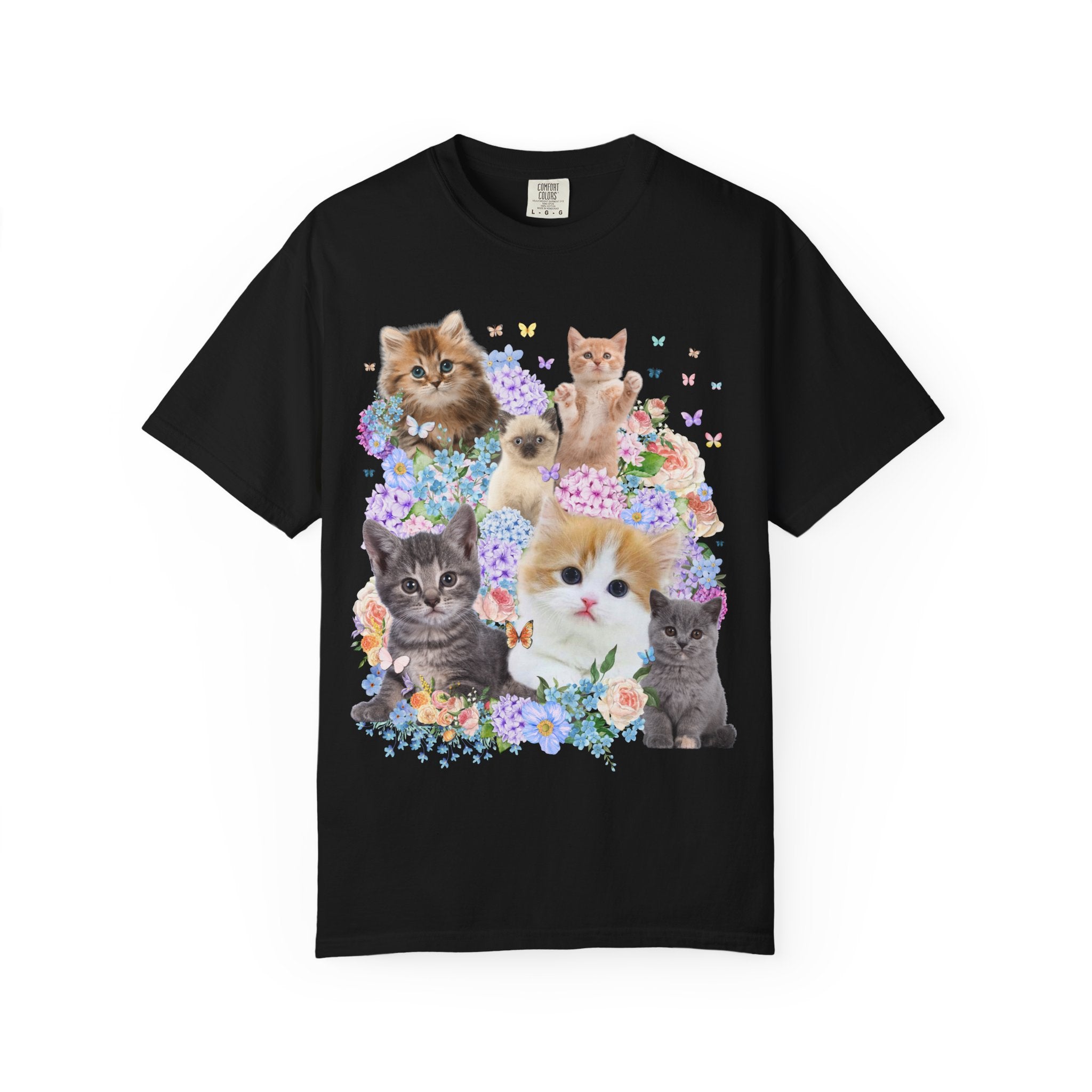Cat Lover Tee Shirt with Hydrangea Flowers and Butterflies, Funny Nineties Throwback T-Shirt for Cat Mom or Cat Dad, Silly Animal Lover Tee - Opal and June