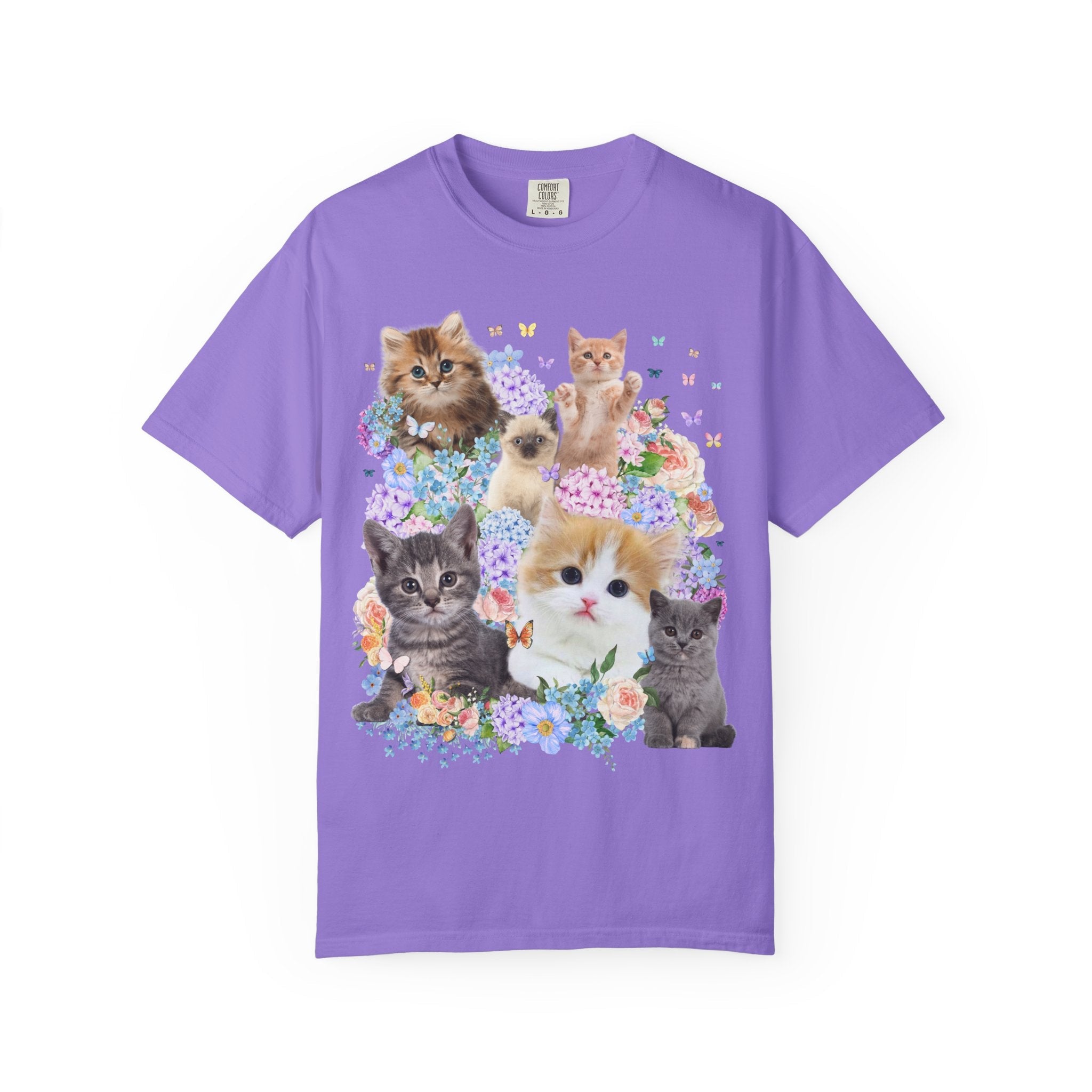 Cat Lover Tee Shirt with Hydrangea Flowers and Butterflies, Funny Nineties Throwback T-Shirt for Cat Mom or Cat Dad, Silly Animal Lover Tee - Opal and June