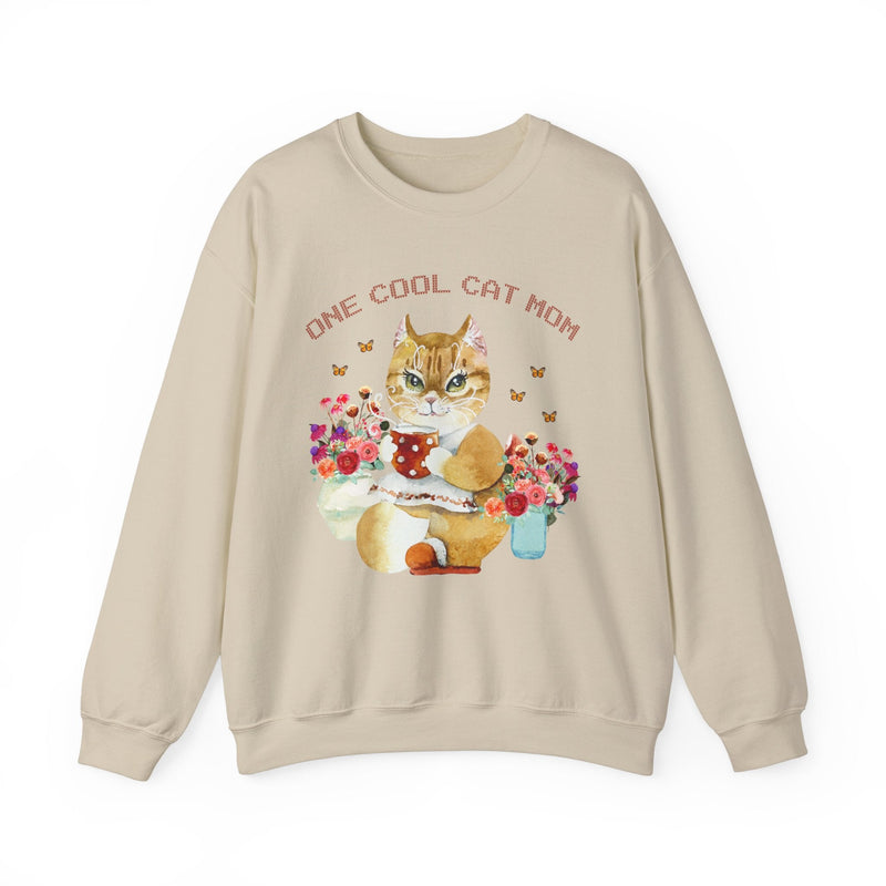 Cat Mom Sweatshirt: Kitschy and Eclectic Style Sweatshirt with Whimsical Butterflies and Flowers | Retro Aesthetic Shirt of Cat Drinking Tea - Opal and June