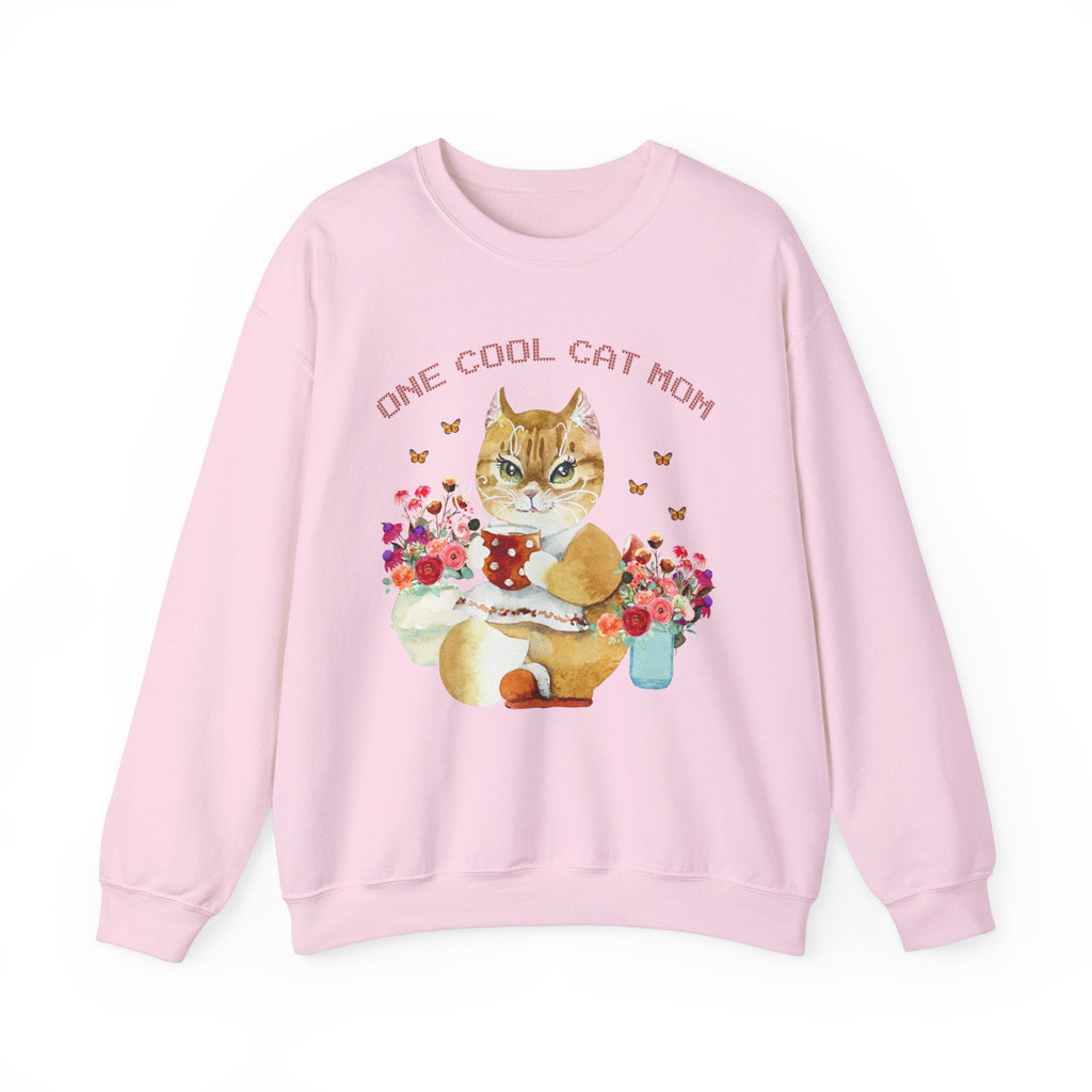 Cat Mom Sweatshirt: Kitschy and Eclectic Style Sweatshirt with Whimsical Butterflies and Flowers | Retro Aesthetic Shirt of Cat Drinking Tea - Opal and June